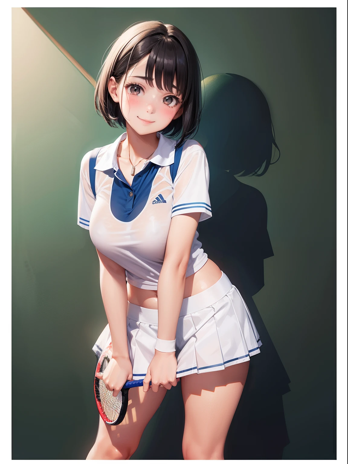 1girl, solo, white polo shirt, white sneakers, tennis wear, white mini skirt, masterpiece, best quality, realistic, ultra-detailed, (shiny skin, sweating: 1.4), ridiculous, looking at the audience, short black hair, brown eyes, slender, dynamic light and shadow, high resolution, sharp focus, depth of field, fine eyes, sharp pupils, realistic pupils, (big breasts: 1.6), (thigh thickness: 1.0), outdoor, sky --auto --s2