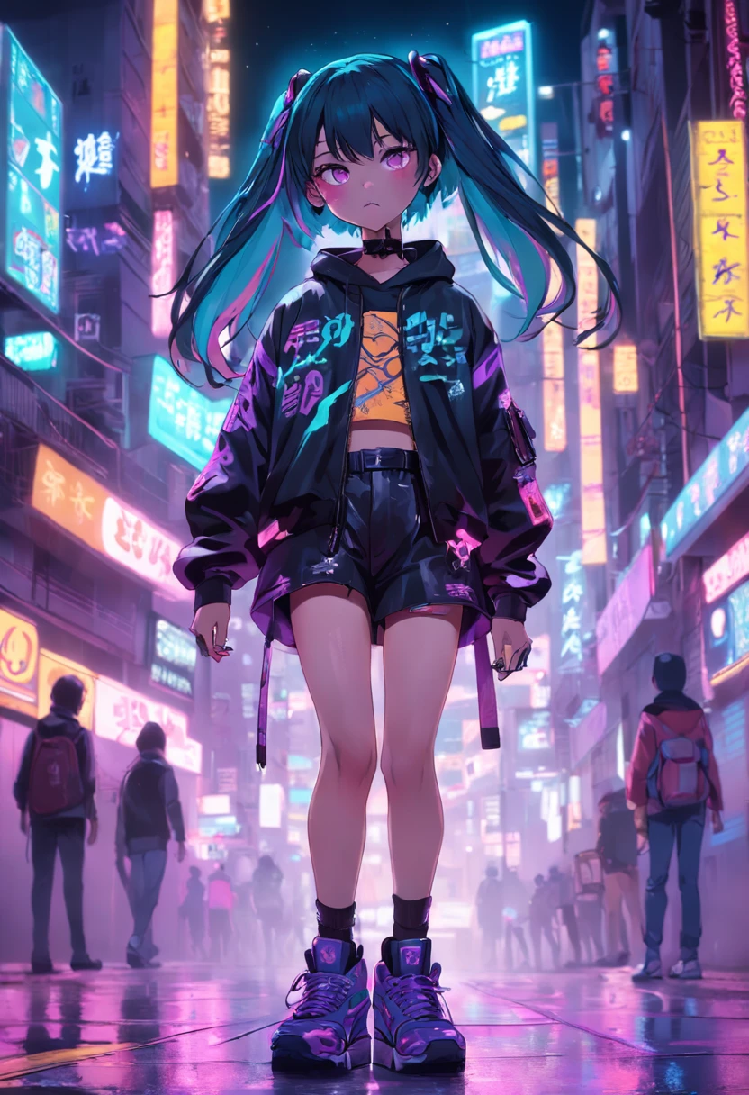 a girl, 16 anos, Tenha um skate, a noite,orgia,Sozinho,cidades,Personalidade Cyberpunk,smog,moda de rua,fone de ouvido,A rua,fora de casa,Neon light,smog,