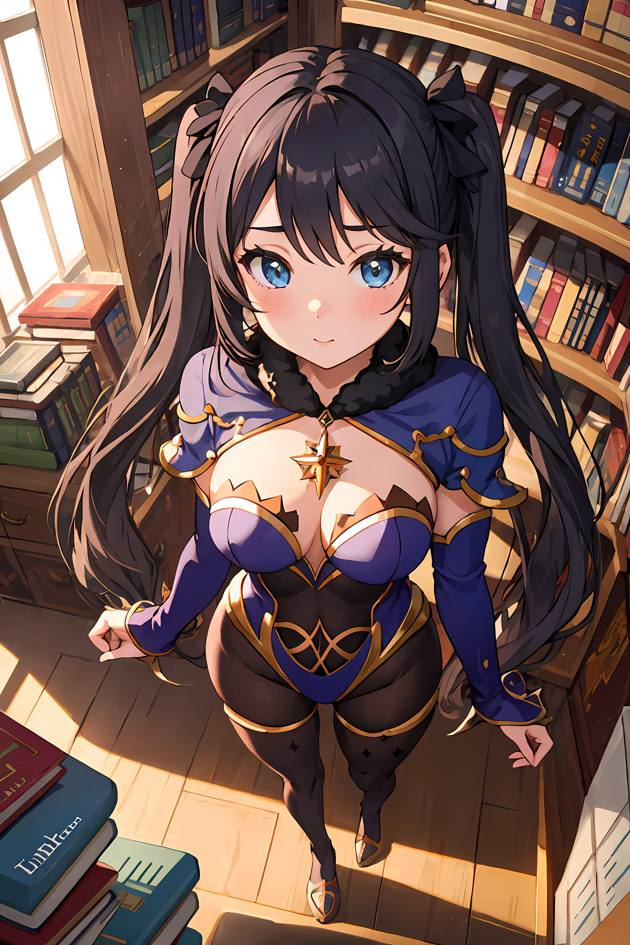 indoor, library, wide angle,1girl, confident, POV, from above, standing, twintails, monadef