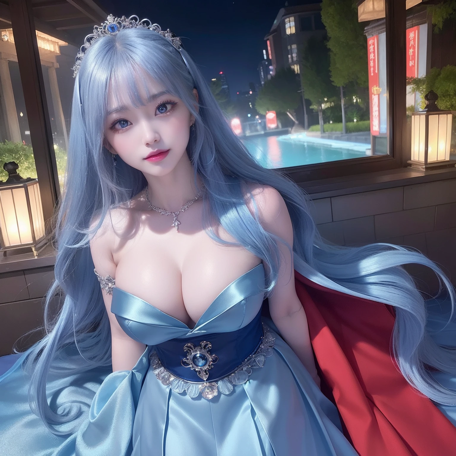 masutepiece,A hyper-realistic,32K,the Extremely Detailed CG Unity 8K Wallpapers, Best Quality,Gorgeous Japan Woman,(shiny light blue satin gorgeous gown),(Colorful long hair),gothic makeup,Mouth open,(grub own skirt),resturant,(Full Shot),,Smile,facing to the viewer,shiny skin,beauty blue pupils