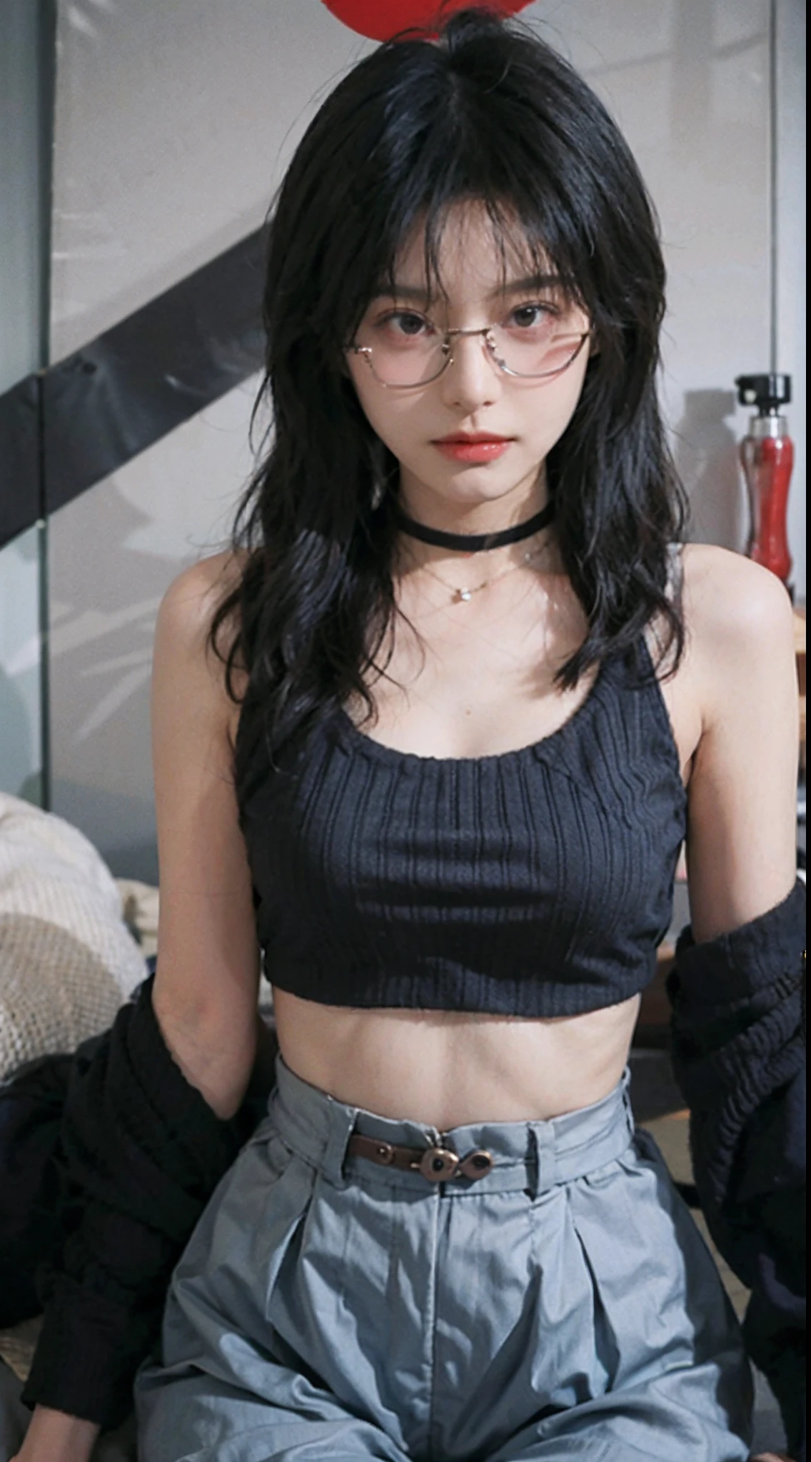 best qualtiy, 超高分辨率, (realisticlying:1.4),Wear regular glasses,Baoyu Girl,1girll, with long coiled hair,Blushlush,Looking into the distance,nedium breasts,Cropped red sweater,a sense of atmosphere,Beautiful woman with a slim figure:1.4, Pronounced abs,Ultra-fine face,Elaborate Eyes,二重まぶた,choker necklace