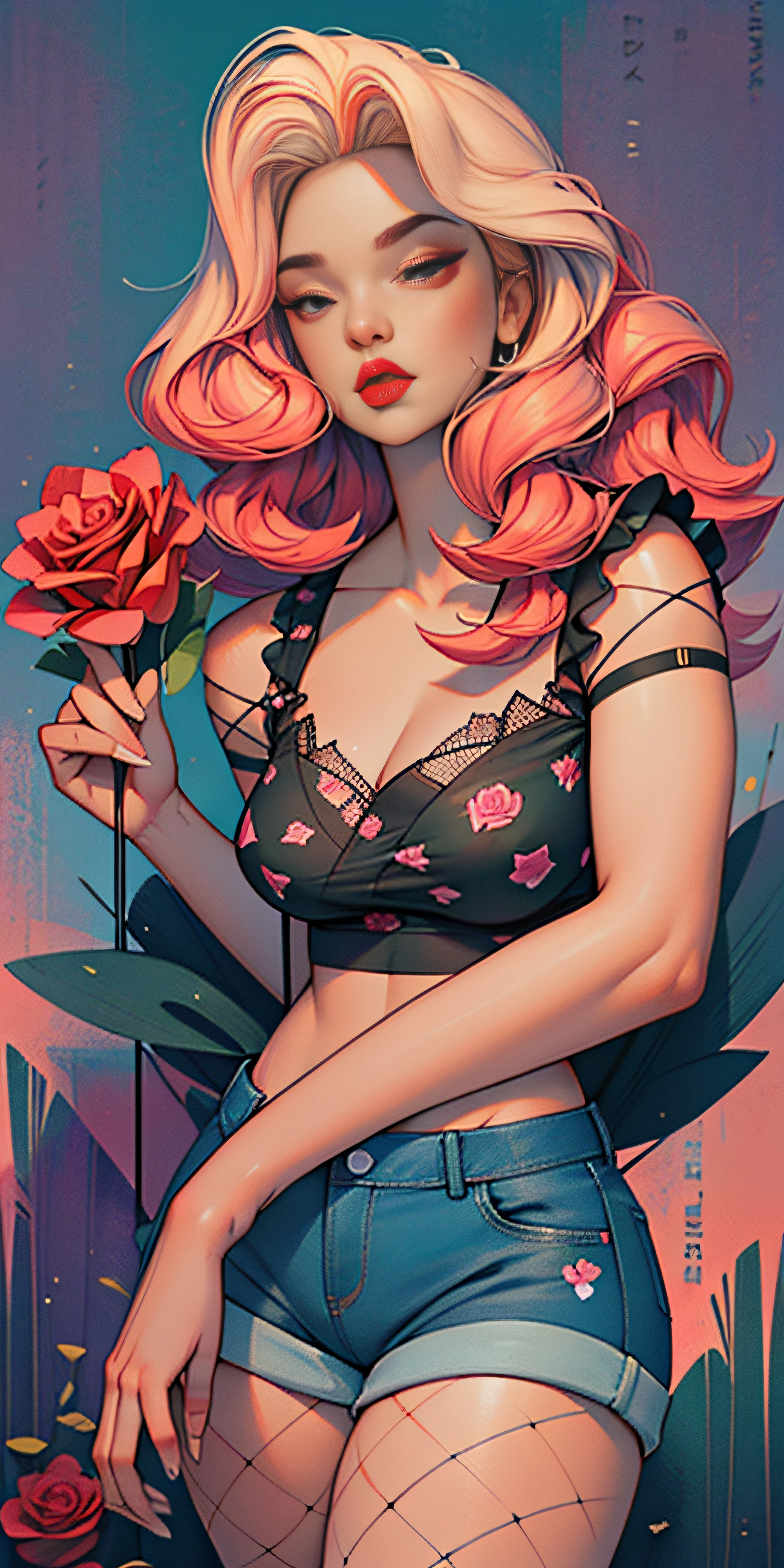 Background, In chic boho style, in a cafe, Ice cream print, multi-colored neon lights, neon garlands, rose hair, mixed-language_SMS, Japanese graffiti, (beautiful and clear background:1.2),, fantastic paintings ,graffit style, highly detail eyes , underwear, lace, latex, blond girl, Cat Print, tattoo, Loving, Love, ultra detail hair, Masterpiece, Best Quality, highly quality, A high resolution, detail enhancement, ((most beautiful image in the world)), Masterpiece, Best Quality, highly quality, A high resolution, detail enhancement, ((most beautiful image ), Shiny pink degrade hair, ultra short fitted Stampa Flores, Rollers, tights in a mesh, short denim shorts, art by stjepan sejic, art by j scott campbell, Artist Guillem March, art by citemer liu, 4k, A high resolution, comic book character, comic, high quality detailed, style of ::2.0 comix illustration style,tatoon style, highly quality, A high resolution, detail enhancement, 8K, HD, Best Quality, highly quality, A high resolution, detail enhancement, 8K, HDR, sharp-focus, Ultra Detailed, perfect lighting, Curvy Body, Lush breasts, Curvy hips