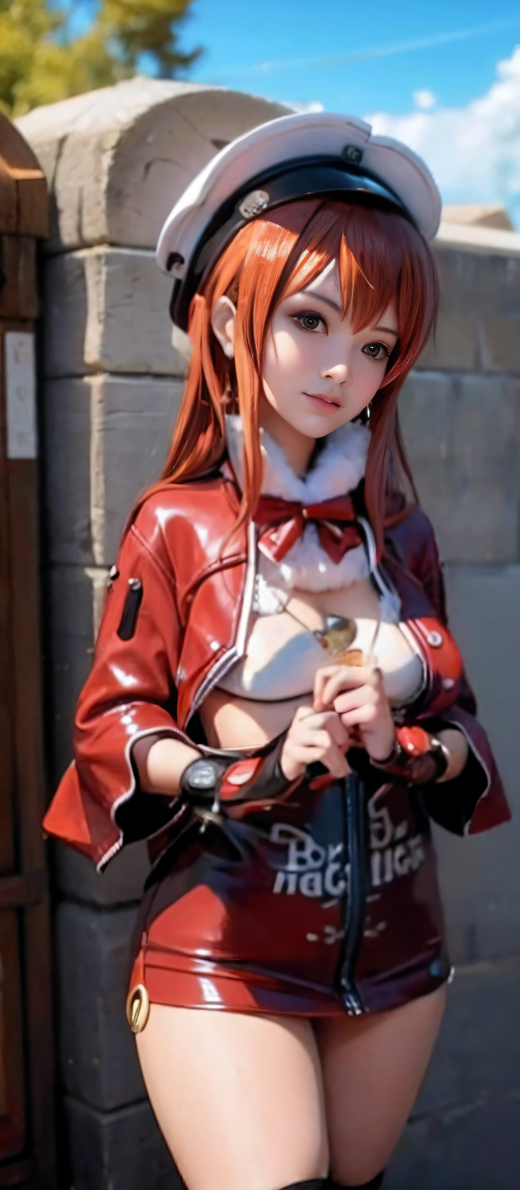 ((from below:1.2),(looking at viewer:1.8)),(1girl,(curvy:1.2),petite,beautiful breasts,(large breasts:1.5),pale skin,pointy breasts,(erect nipples),sweat),((clothed:1.5),leather boots,leather gauntlet,(carbon armor:1.5),(red embroidered white rash guard:1.5),(long silk sarong:1.5))),(((realistic),high resolution,best quality,masterpiece)),((extra long hair:1.5),hair blowing in the wind,blunt bangs,(extra light coppery red hair),hair over one eye),get down on one knee,(leaning forward),Brave stance,(water,(meadow:1.2)),((nsfw,((spread pussy))),(porn image:1.5))