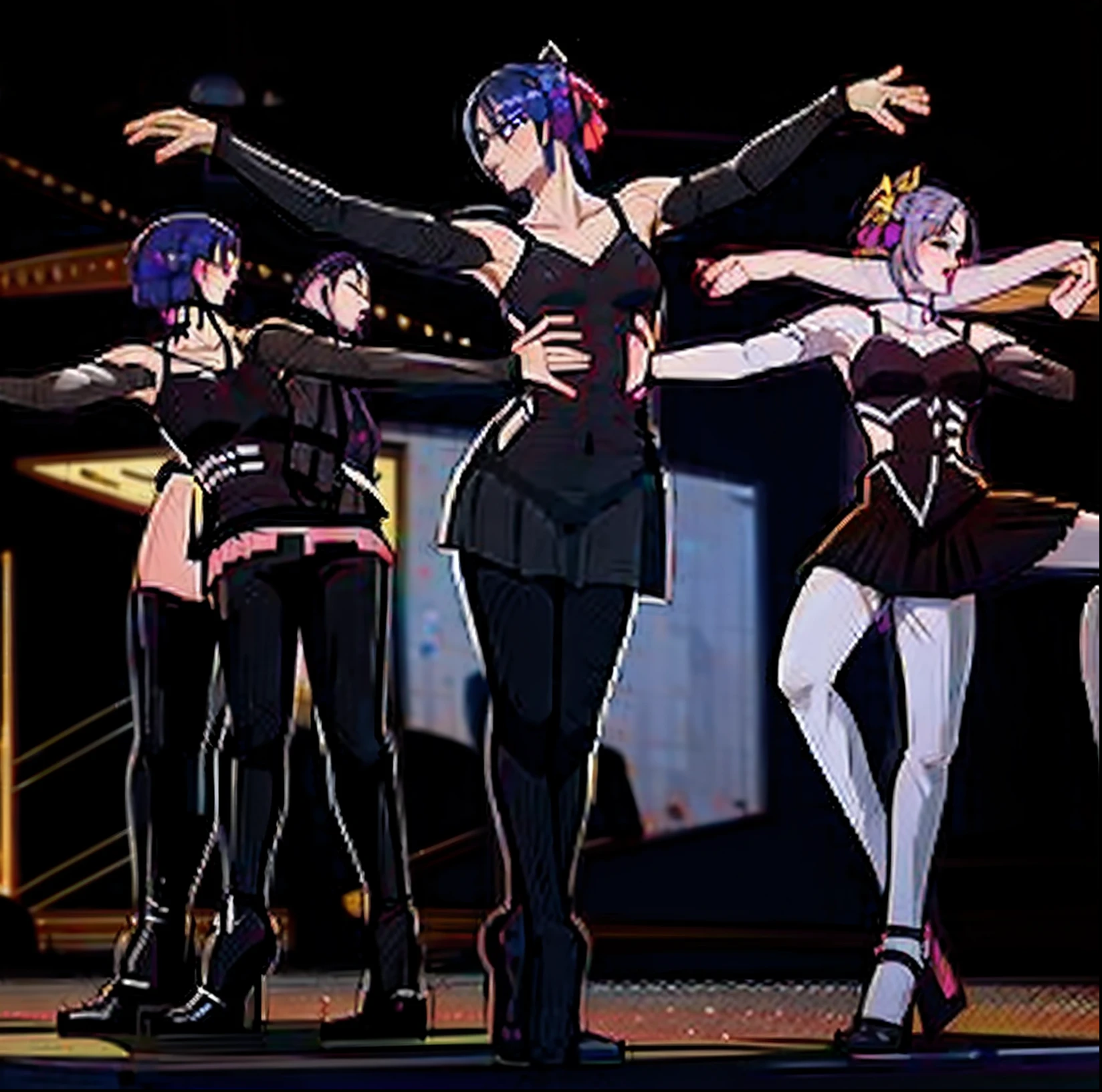 The War Games of Zelos, many girls, colorful hair, knight, ponytail, colorful hair, colorful eyes, Appearance at birth, multi pose of drawing a sword, Delighted, group, full body shot.,
