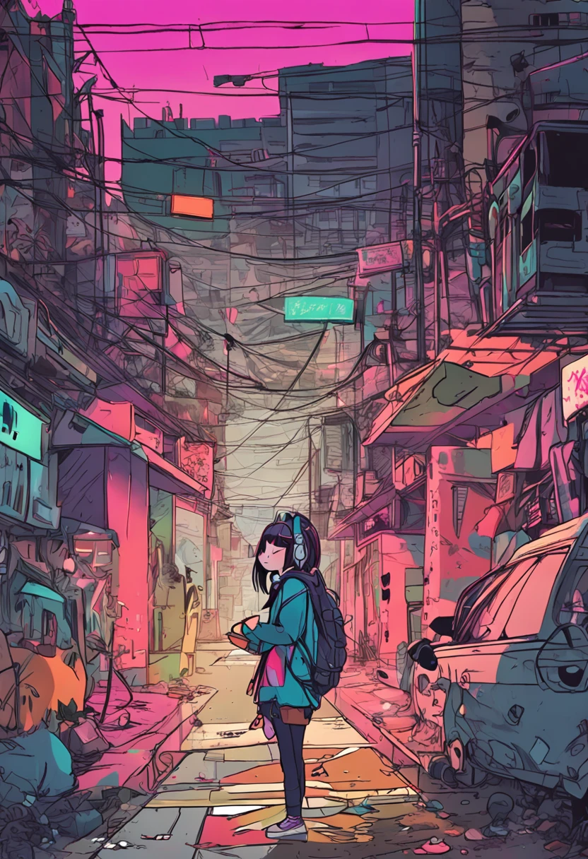 girl with, sixteen years old, Have a skateboard, the night,Orgy,By oneself,城市,Cyberpunk Personality,smog,Street fashion,ear phone,the street,outside of house,Neon light,smog,