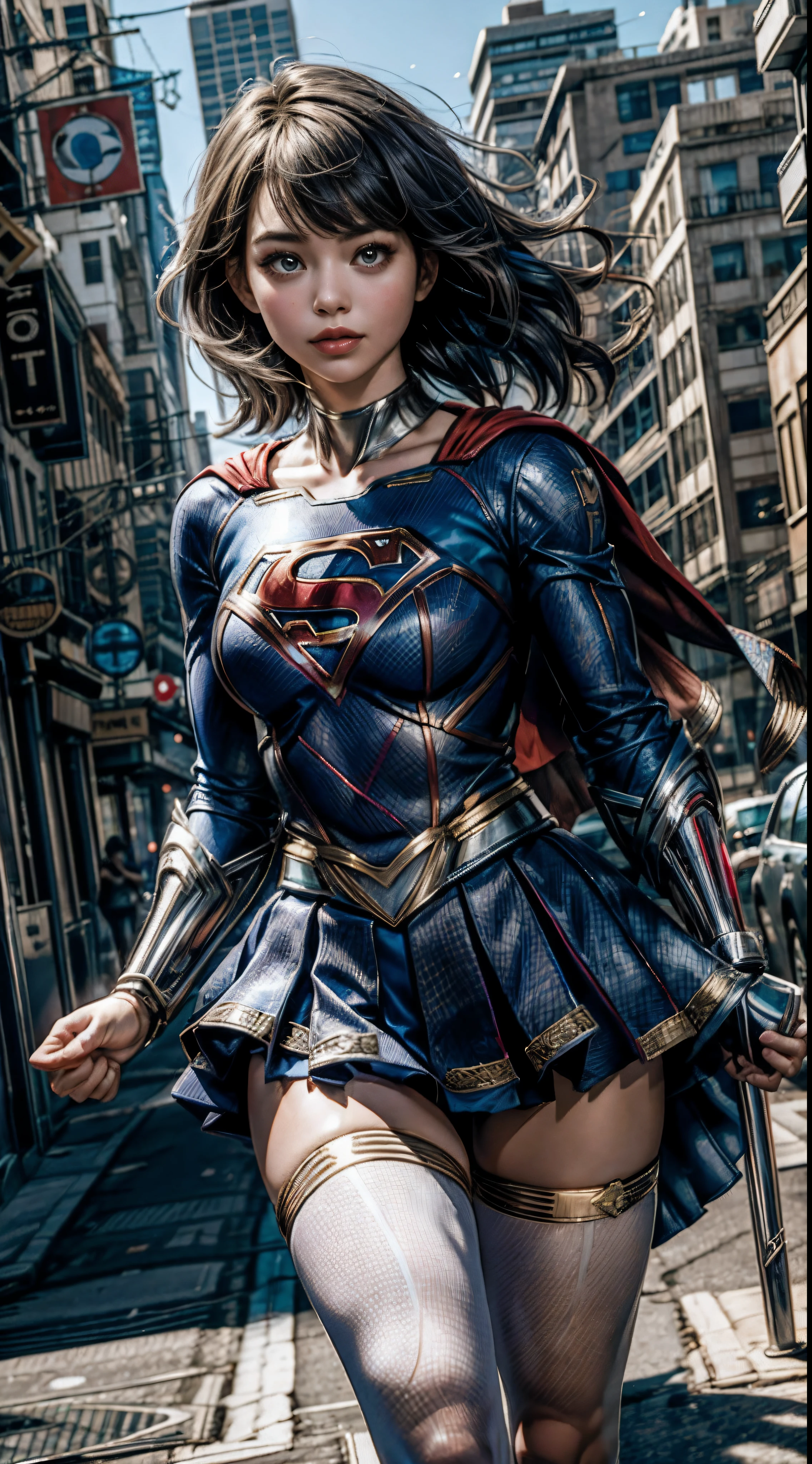 4k, realista, Charismatic, muito detalhe, There's a girl at the top of town, vestindo o figurino da Supergirl, She's a super girl, white superhero theme, cabelo longo loiro, 25 anos, corpo inteiro