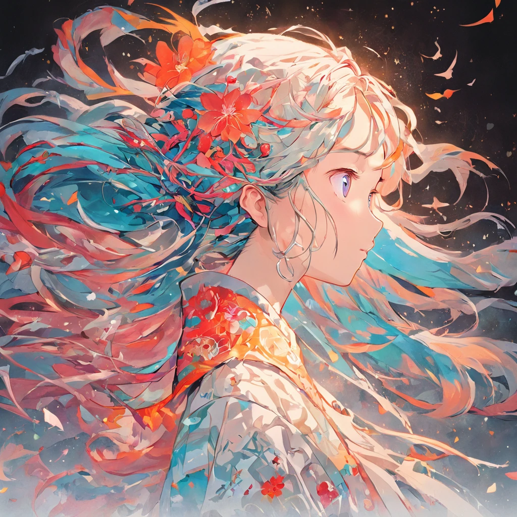 (White background:1.4),(Silhouette of a girl's head, Eyes closed, Colorful long hair, Oriental elements),(Chinese Illustration:1.3,paper art:1.3, Quilted Paper Art:1.2),( Reasonable design, Clear lines, High Sharpness,Best Quality, Very detailed, masutepiece, Movie Light Effects, 4K )