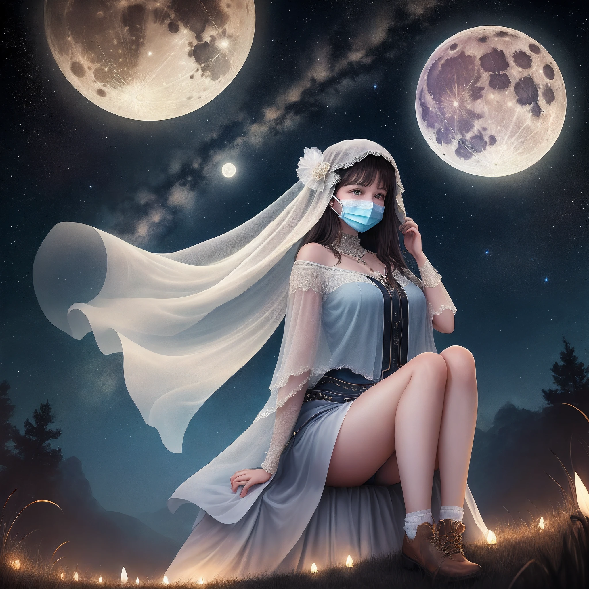 The stars shine on the night of the full moon, and the veil is masked with big white legs