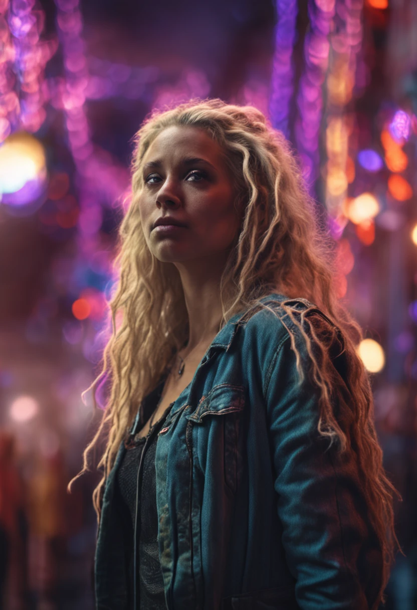 cinematic scene, wonderful, beautiful blonde goddess angel woman with dreads, extreme long shot, canon eos 5d mark iv, alfred hitchcock