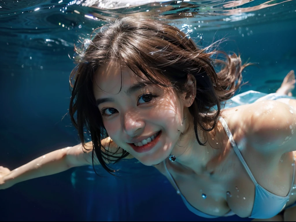 (Hyper-realistic), (8K picture quality), ((masterpiece)), ((Best Quality)), (Ultra-detailed), Japanese cute girl, 18yo, ((under the water:1.0)), In the clear light blue sea、swimming、((dive:1.0)), Prone, Forward-facing face, perfectly thin micro bikini, Light brown hair, short hair, beautiful black eyes, very small breasts, perfect body, close mouth, smile, grin, tropical fish, foam、bubbling、Bright sunshine、midsummer