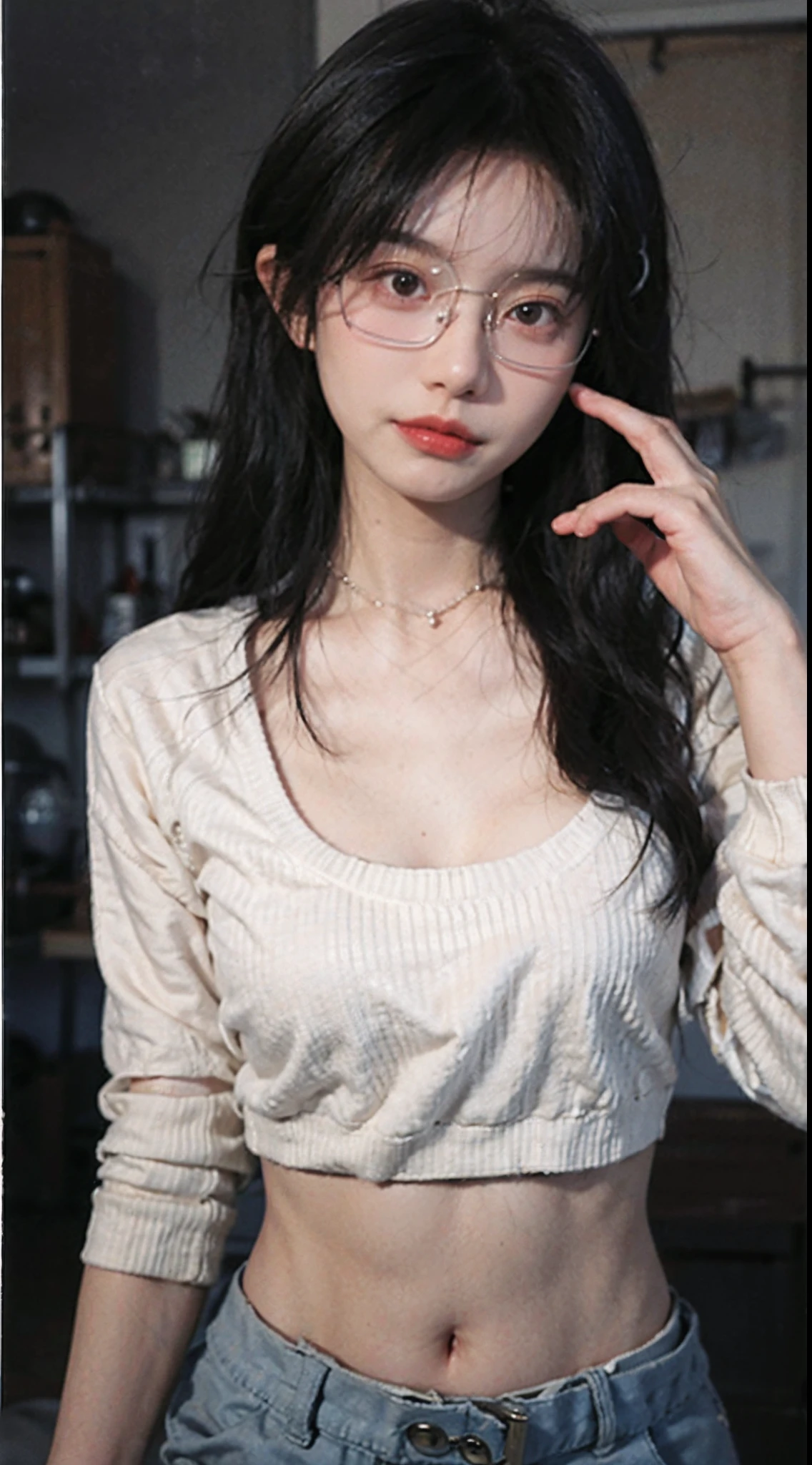 best qualtiy， 超高分辨率， （realisticlying：1.4），Wear high-quality glasses，Baoyu Girl，1girll, with long coiled hair，Blushlush，Looking into the distance，nedium breasts，Cropped red sweater，a sense of atmosphere，Beautiful woman with a slim figure:1.4, Pronounced abs，Ultra-fine face，Elaborate Eyes，二重まぶた，choker necklace