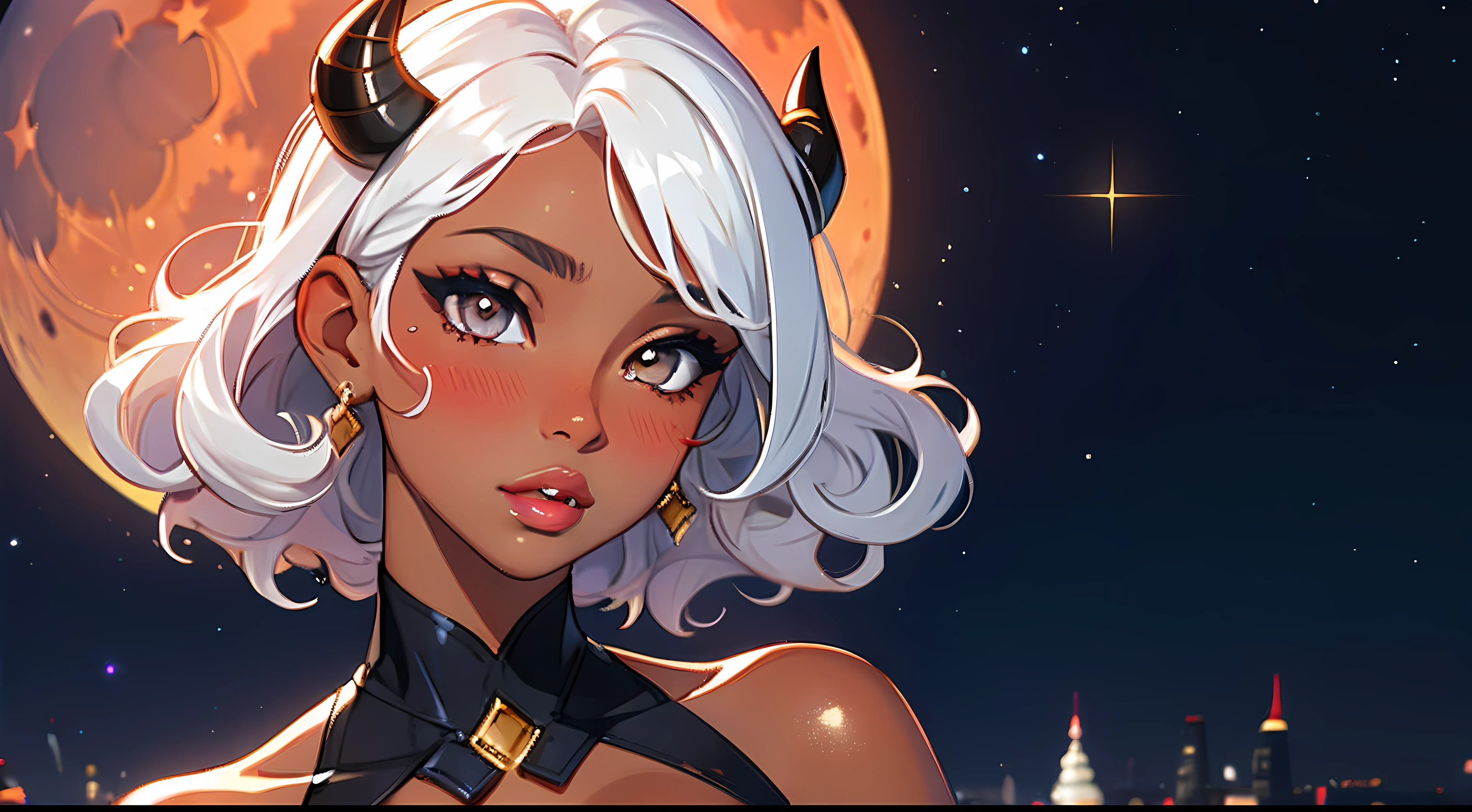 1girl, (best quality:1.1), (masterpiece:1.4), (absurdres:1.0), portrait, 1girl, (voluminous hair)+ , ((curly hair))++, long hair, ((dark skin))++, (((white hair))), (gold eyes), long hair, large breasts, (blush:1.2), (big lips)+, (juicy lips)+, (blush), vibrant colors, eyeliner, lipgloss, blush, sidelocks, (black horns), shiny skin, shiny, sparkles, night sky, moon, moonlight, ((blue moon))++, ((full body))+,