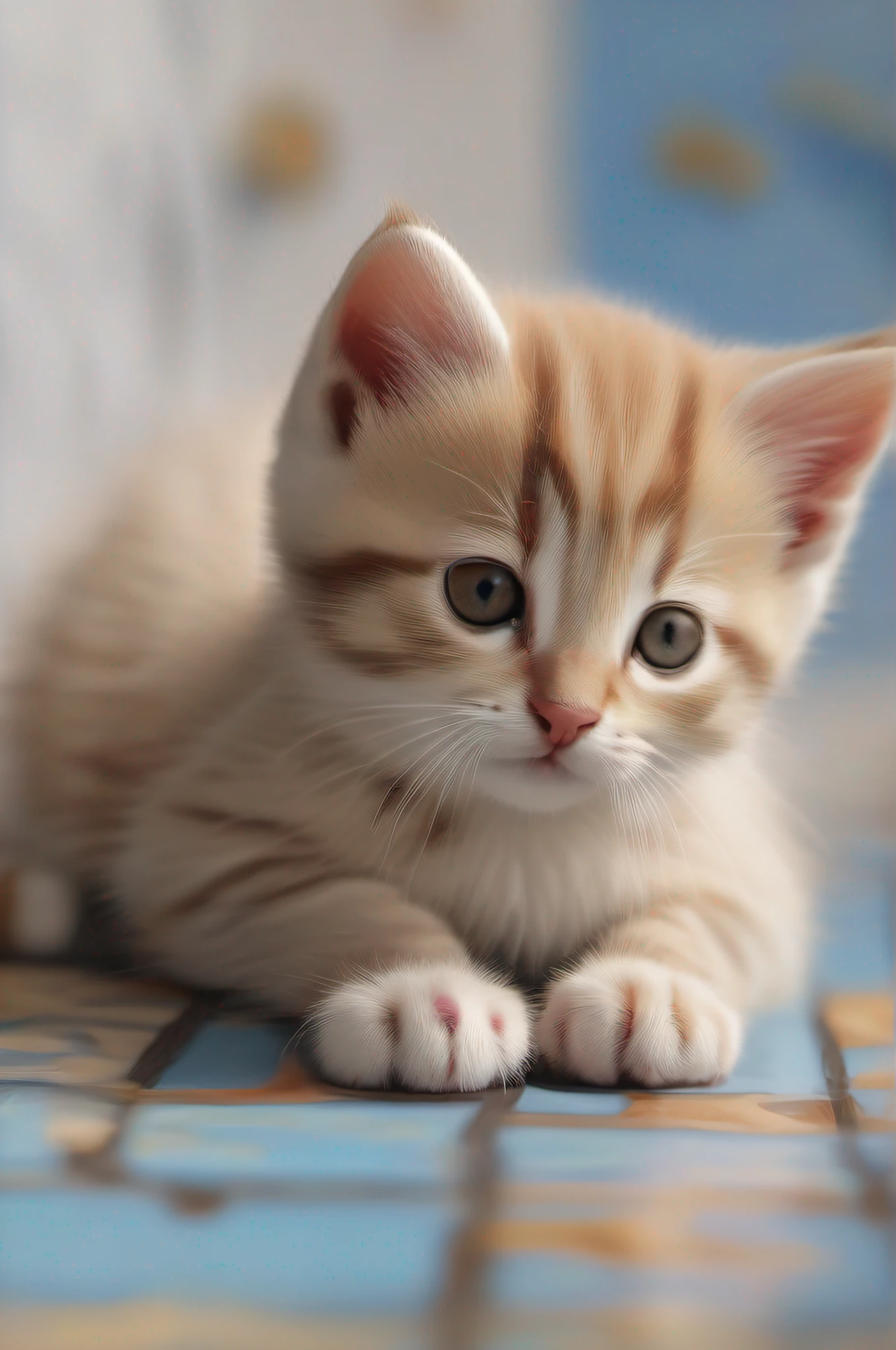 4k, highest details, best quality, photorealistic portrait of only one single alone animal, (((this one alone cute kitten is resting on a painted plain square on the floor)))