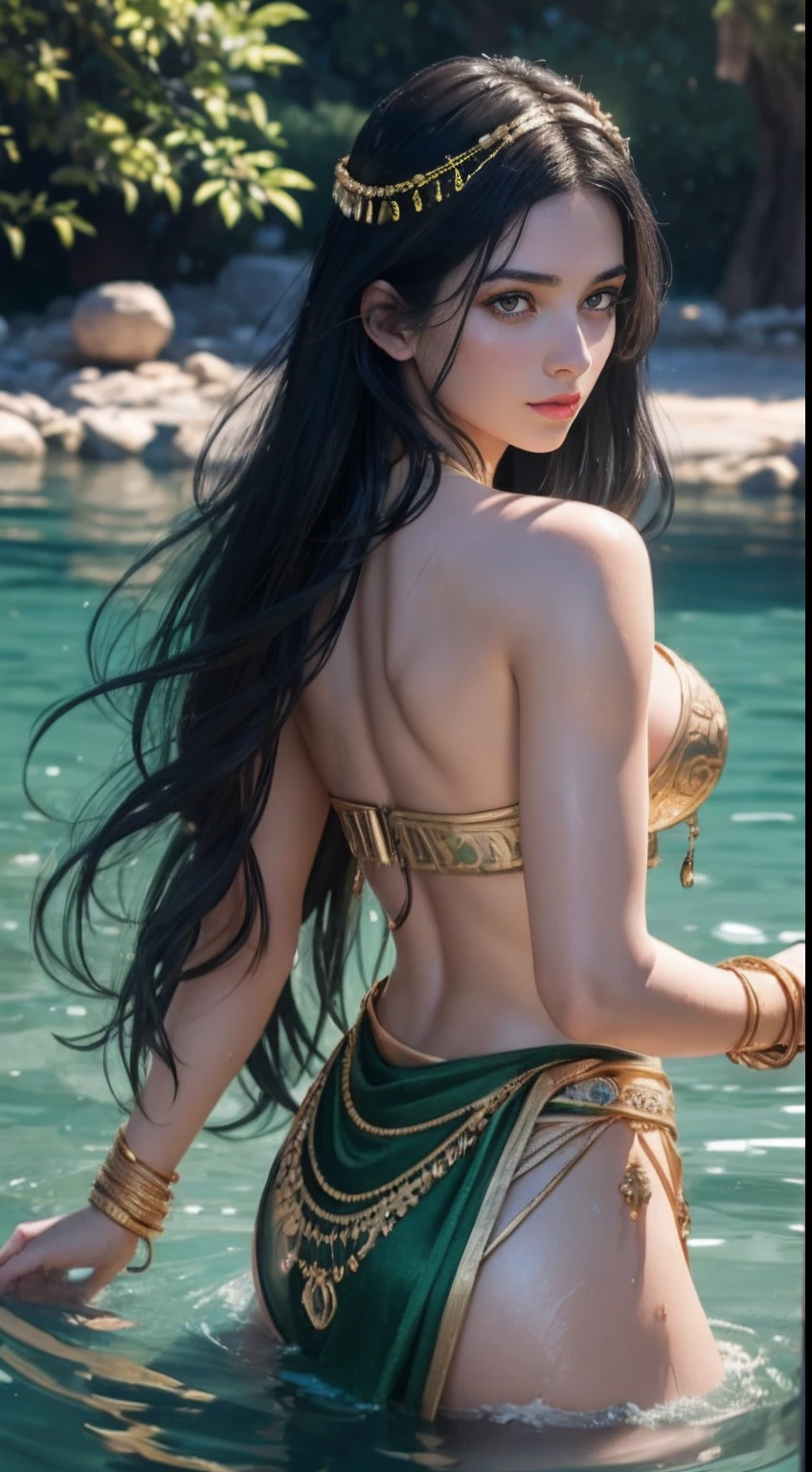 (A beautiful 25 years old female greek maiden bathing in the lake), (long black hair), (pale skin), (detailed oily and sweaty appearance), (serious face), (wearing green colored revealing greek maiden outfit with golden jeweleries), view from front, dynamic pose, ambient lighting, photo realism, intricate face detail, intricate hand details, highly detailed, vibrant colors, cinematic, high definition, trending on Artstation--style raw