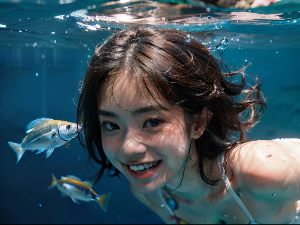 dynamic angle, (close up face), ultra detailed beautiful photograph, In a pristine spring in the forest, a girl is swimming joyfully. Her smile shines like the surface of the water reflecting the sunlight. The spring water is clear, and colorful stones can be seen at the bottom. She swims freely in the spring, splashing water around. It’s as if she has become one with nature.