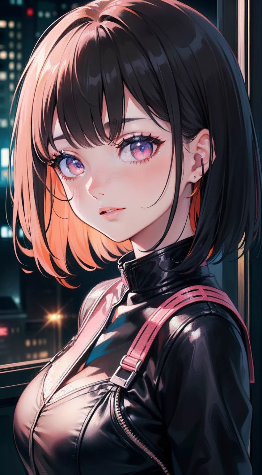 (masterpiece, best quality), ((1girl, (mature)), (black hair, medium hair, hair with bangs, hair with orange stirs, beautiful hair), (pink eyes, beautiful eyes, eye highlights, sharp eyes)), (simpler background, dark background, city background, night), (highres, chromatic freak), red dress clothing, happy, 8k