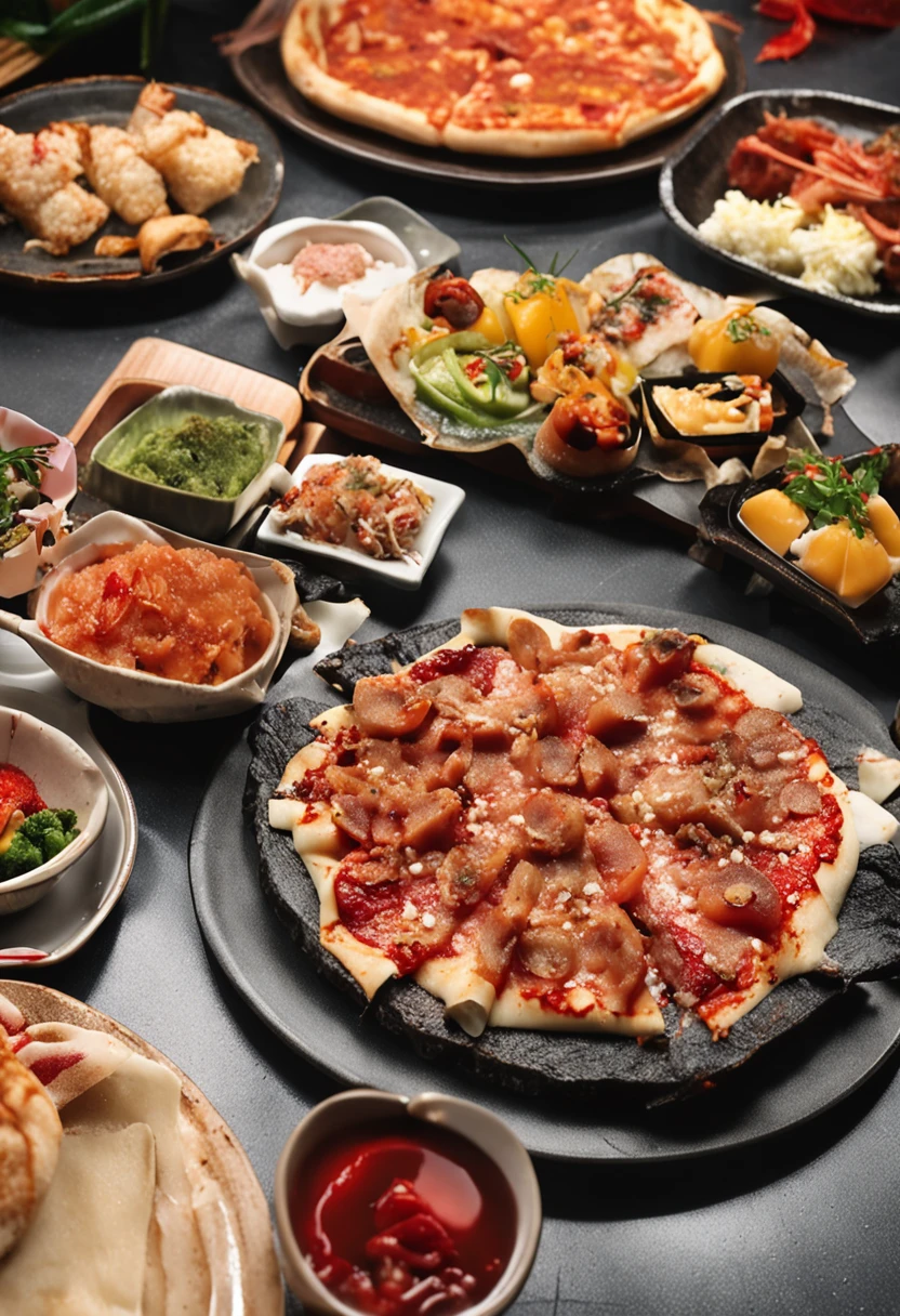 Havia um prato de comida,Tem pizza, ❤🔥🍄🌪, California Volume, altamente detalhado!!, Iguaria, comer sushi, taken in the early 2020s, fotografia tirada em 2 0 2 0, Ultra - Detalhado!!, altamente detalhado!!!, Ultra - Detalhado!!!, The is very detailed, Japanese fusion cuisine