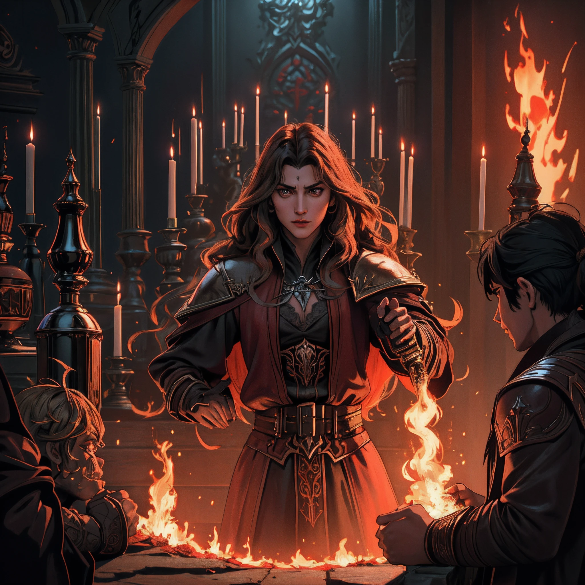 On Women's Day, a sorceress woman with long, wavy hair gathers a group of people around her. She holds up a king calendar, marking an important date with a fiery red finger. The air crackles with magic as she lights a candle, symbolizing the hope and strength of women everywhere. In the corner, a skeleton king, a remnant of the past, observes the scene with a pensive expression. Despite his ominous appearance, he too acknowledges the power and resilience of women. The goblins and demons, often overlooked and underestimated, have taken a moment to celebrate as well, joining in the merriment of Women's Day.