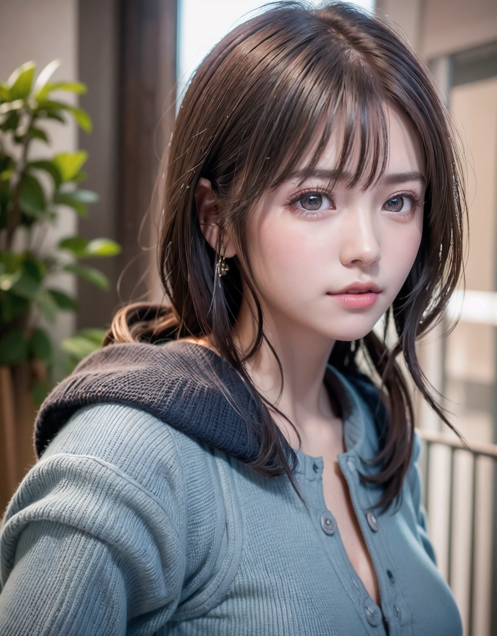 (8K, RAW photo:1.2)detailed face and eyes,highest quality, ultra high resolution, very detailed ,intricate details ,debris flies ,pretty girl, soft light like a movie, hyper detail,focus clearly on the chest, (beautiful black hair), (bob cut), (cleavage is visible),(pink cardigan)、(denim itch)(Spread your legs a little)(random pose)