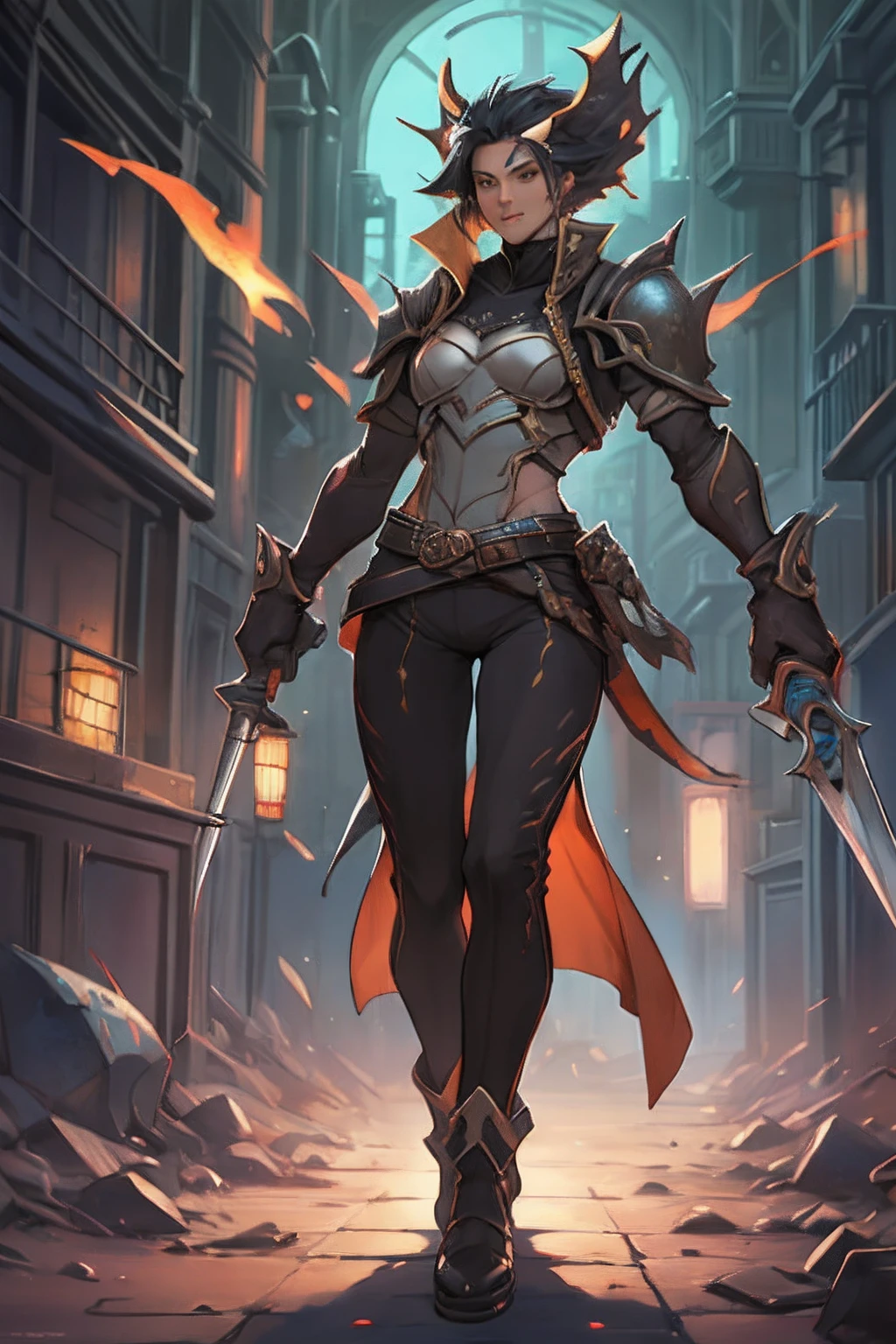 best qualtiy,illustratio,offcial art,Movie Lighting,Viola,femele,have spines,fullbody image,Holding a dagger