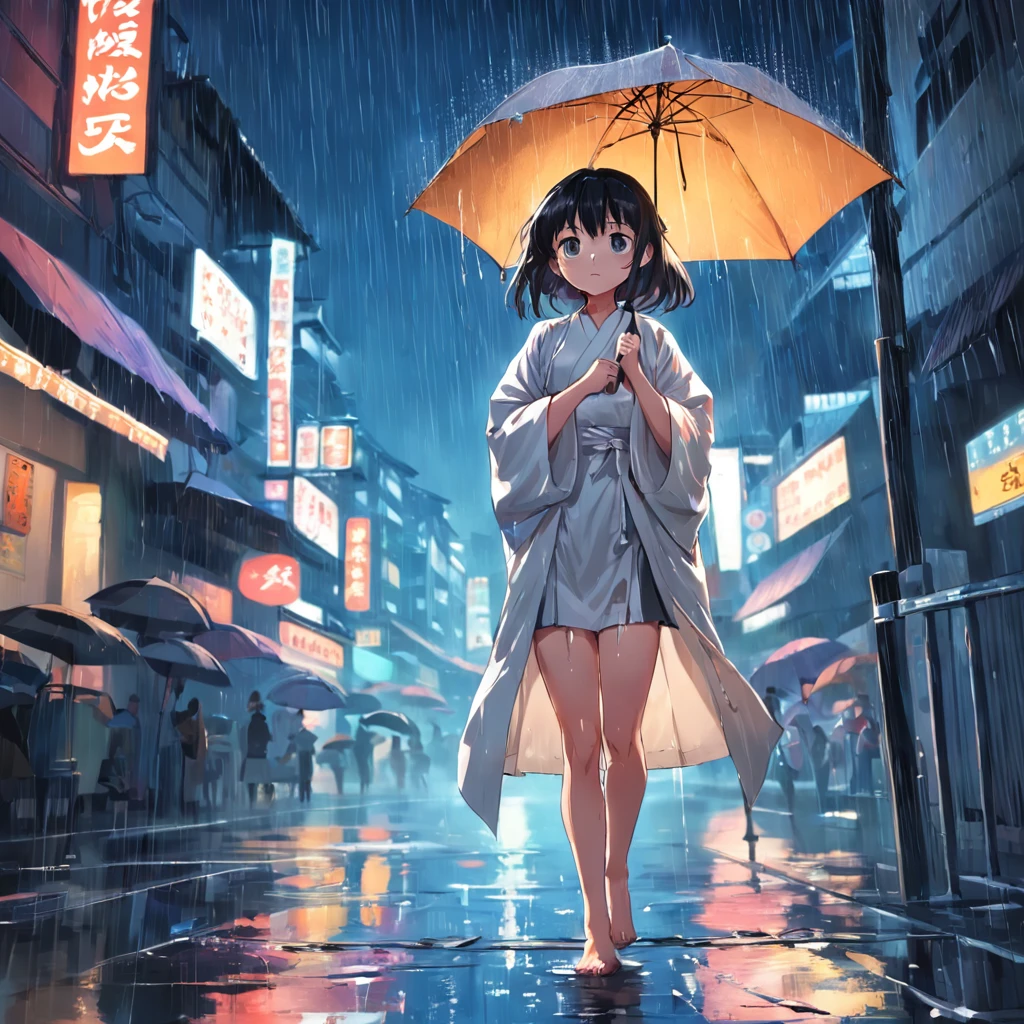 rainy evening，River side，National style girl，Wear a white robe，Hit with an umbrella