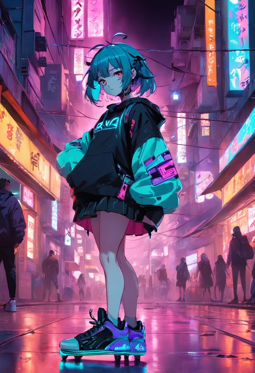a girl, 16yo, the night,Orgy,Have a skateboard,By oneself,城市,Cyberpunk Personality,smog,Street Fashion,ear phone,the street,outside of house,neon light,smog,