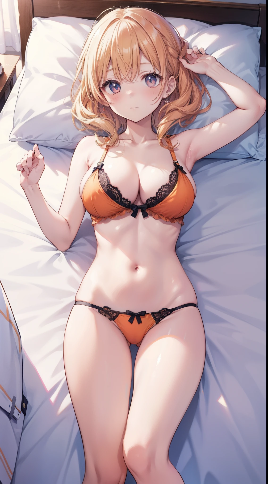 masutepiece、hight resolution、1girl in、in one's underwear only、Orange lingerie、large full breasts、Lying on your back in bed、Cute anime illustration、