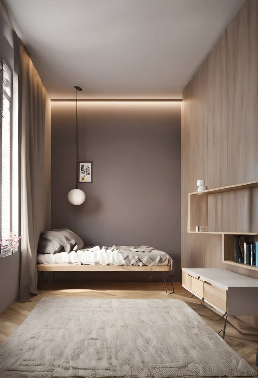 O quarto tem uma janela, no quarto, em um quarto luminoso, Em um quarto, Desenho de linha minimalista, sala de luz, no estilo do realismo simplificado, Location in the apartment, dentro de um quarto, perspectiva plana, em um quarto luminoso, O interior de uma pequena sala, quarto fotorrealista