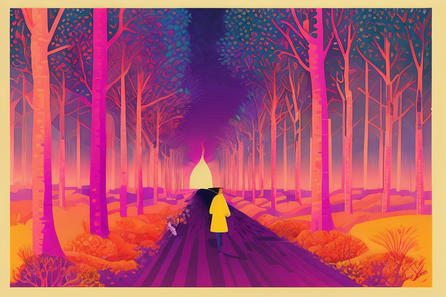 a person walking along a road with trees and a person in a black lab coat, kilian eng cores vibrantes, kilian eng cores vibrantes, stanley donwood, No estilo de Stanley Donwood, Estilo de Stanley Donwood, inspirado por Kilian Eng, Estilo de Kilian Eng, full-colour illustration, editorial illustration colorful, full-colour illustration, psychedelic illustration, plano colorido surreal