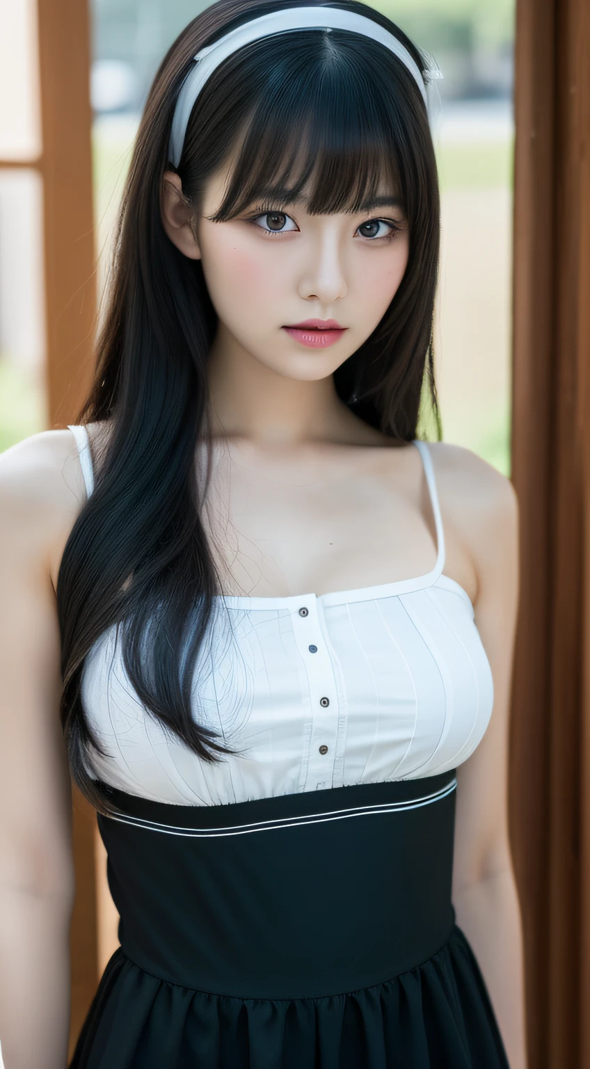 maid cosplay、One lady、(Long black hair1.3)、With bangs、Nice style、A sexy、(Colossal tits:1.3)、(​masterpiece、top-quality)、((20 year old woman:1.2))、Young adorable Japan face, dewy skin, Soft portrait shots,8K,、very extremely beautiful、Looking at the camera、,full body Esbian、Hands are off-screen、