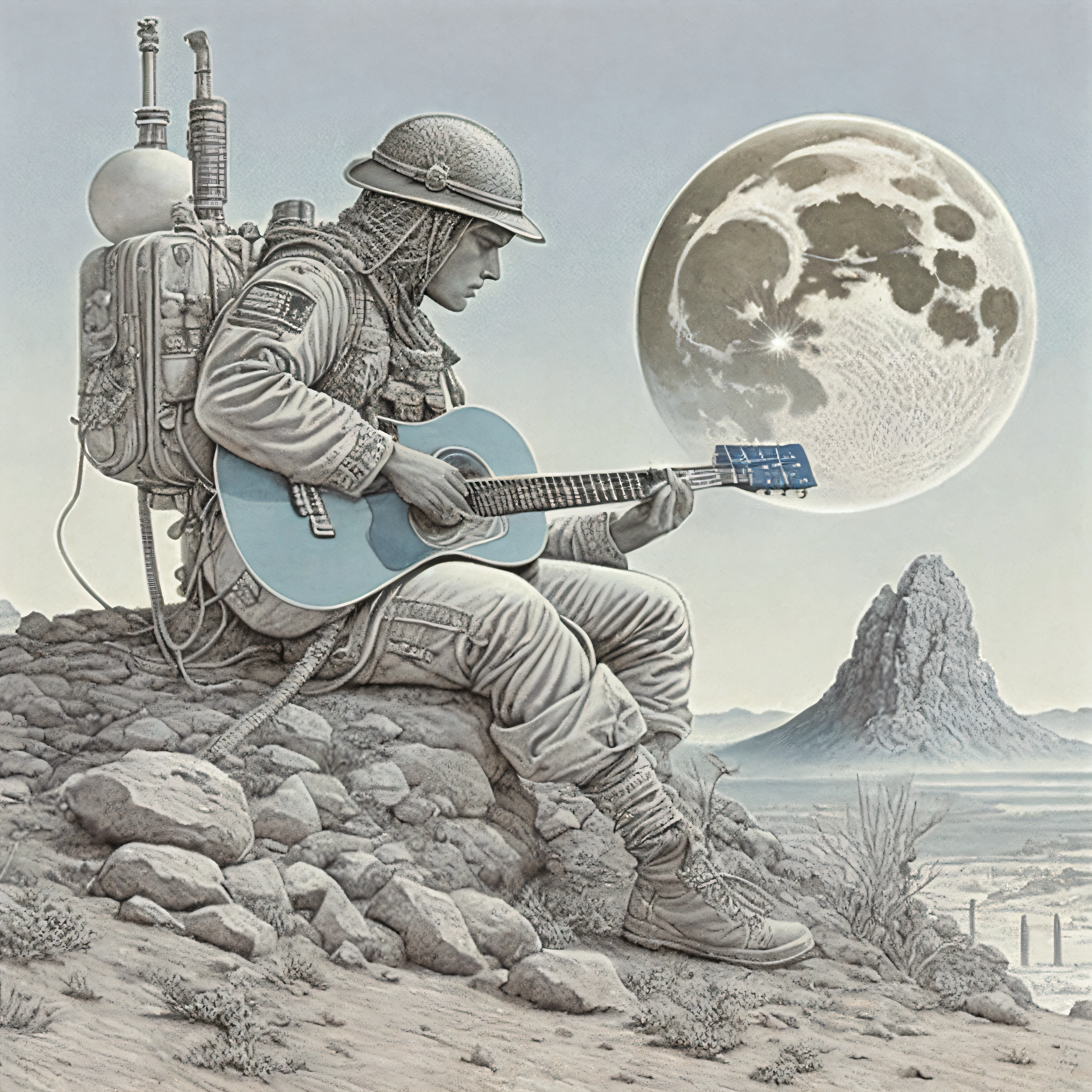 There's a man sitting on a rock playing a guitar, Directed by: John Moonan, Arte de Moebius, Travis Charest, inspirado em Scott Listfield, Arte Moebius, Douglas Soares, musician, Directed by: Bob Ringwood, Moebius illustration art, Directed by: David G. Sorensen, por Wayne England, Josana Gonzales, Wayne Douglas Barlowe, em outro planeta