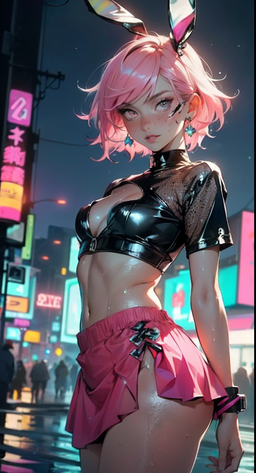 cute little bunny loli,(((little loli,small tiny body,petite))),(((6 ))),((little bunny loli with extremely cute and beautiful fuchsia hair)),(((bunny girl,anthro furry cute,bunny-girl))),(((bunny ears,bunny ears on head,big bunny ears))),
(((flat chest))),(((fuchsia hair:1.35,short fuchsia hair,colored inner hair,ear breathing,))),((heterochromia:1.5,eye1 fuchsia,eye2 pink,perfect eyes,upturned eyes:1.3,beautiful detailed eyes,finely detailed beautiful eyes:1,big highlight on eyes:1.2,slanted eyes)),(((freckles on the face,freckles,freckled girl))),(((lustrous skin:1.5,bright skin: 1.5,skin tanned,shiny skin,very shiny skin,shiny body,plastic glitter skin,exaggerated shiny skin,illuminated skin,wet legs))),(delicate detailed fingers,detailed body,detailed arms,human hands,(detailed face)),
cute,slutty,,erotic,(((nsfw))),
zettai ryouiki,revealing clothing,show skin,((rave shirt,neon colored shirt,rave mini-skirt,visible thong straps)),(wearing a rave outfit:1.3,rave clothes,semi-naked,with little clothing),((wet clothes,detailed outfit,detailed clothes)),
(dynamic pose:1.0),solo focus,embarrassed,(centered,scale to fit dimensions,Rule of thirds),
cyberpunk city by the ocean at night, with bright neon signs and dark stormy clouds and puddles,
High resolution, sharp focus, (ultra detailed, extremely detailed), (photorealistic artwork:1.37), 8k wallpaper,((synthwave background theme)),((vibrant colors)),(intricate),masterpiece,(best quality),