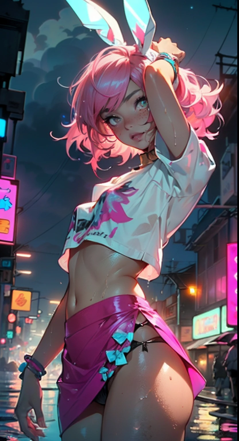 cute little bunny loli,(((little loli,small tiny body,petite))),(((6 ))),((little bunny loli with extremely cute and beautiful fuchsia hair)),(((bunny girl,anthro furry cute,bunny-girl))),(((bunny ears,bunny ears on head,big bunny ears))),
(((flat chest))),(((fuchsia hair:1.35,short fuchsia hair,colored inner hair,ear breathing,))),((heterochromia:1.5,eye1 fuchsia,eye2 pink,perfect eyes,upturned eyes:1.3,beautiful detailed eyes,finely detailed beautiful eyes:1,big highlight on eyes:1.2,slanted eyes)),(((freckles on the face,freckles,freckled girl))),(((lustrous skin:1.5,bright skin: 1.5,skin tanned,shiny skin,very shiny skin,shiny body,plastic glitter skin,exaggerated shiny skin,illuminated skin,wet legs))),(delicate detailed fingers,detailed body,detailed arms,human hands,(detailed face)),
cute,slutty,,erotic,(((nsfw))),
zettai ryouiki,revealing clothing,show skin,((rave shirt,neon colored shirt,rave mini-skirt,visible thong straps)),(wearing a rave outfit:1.3,rave clothes,semi-naked,with little clothing),((wet clothes,detailed outfit,detailed clothes)),
(dynamic pose:1.0),solo focus,embarrassed,(centered,scale to fit dimensions,Rule of thirds),
cyberpunk city by the ocean at night, with bright neon signs and dark stormy clouds and puddles,
High resolution, sharp focus, (ultra detailed, extremely detailed), (photorealistic artwork:1.37), 8k wallpaper,((synthwave background theme)),((vibrant colors)),(intricate),masterpiece,(best quality),