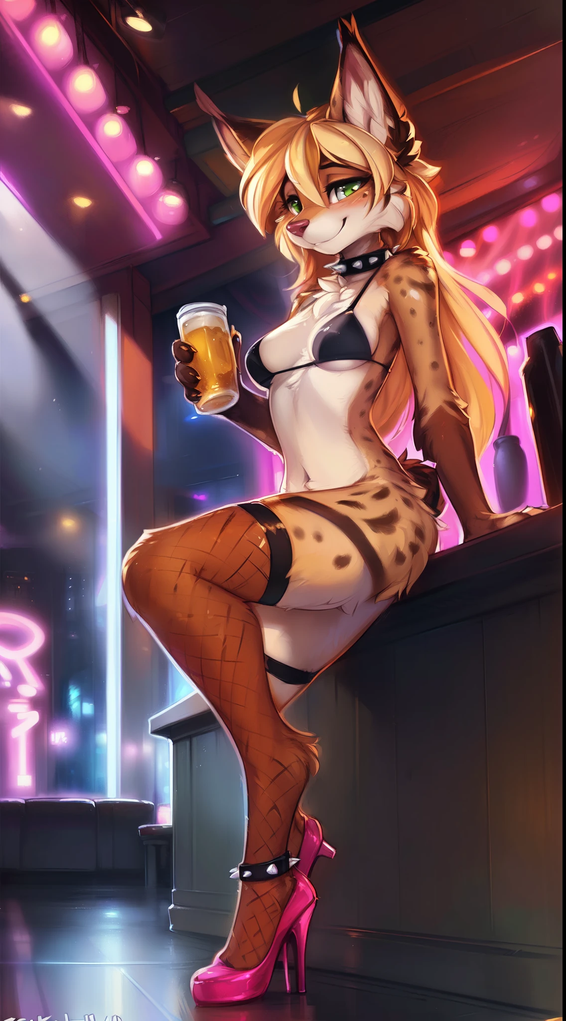 Lynx girl, sexy, sensual, uploaded to E621, beautiful and detailed portrait of an anthropomorphic lynx ((female))) uploaded to E621, ((by kenket, Ross Tran, ruan jia, zaush, foxovh, by Zackary911, by hyattlen, by teranen, by fumiko, by Pixelsketcher, by Bayard Wu, by Thomas Benjamin Kennington, by Einshelm, by Kilinah, by Coffeesoda, by Hioshiru, by fluff-kevlar, by r-mk, by Dimwitdog)), blonde hair ((pink dyed hair)), green eyes, black micro-bikini, Fishnet stockings, Fishnet gloves, spiked collar, medium breasts, Slim body, ager ((18years)), solo, blush, embarrassed smile, long hair, full body, Nightclub, neon lights, stripclub, stripper, black high heels, holding beers
