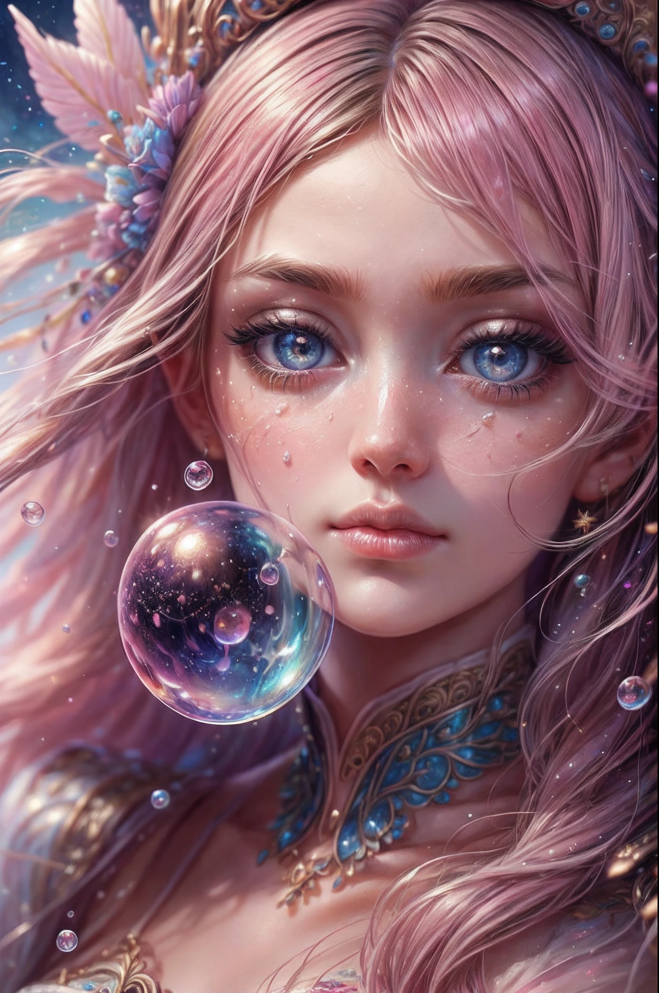 ((masterpiece)). This artwork is sweet, dreamy and ethereal, with soft pink watercolor hues and many ornate cotton candy accents. Generate a delicate and demure English fae exploring a (bubblegum world with a wide variety of pastel shades). Her sweet face is extremely detailed and realistic with elegant features and a sweet and subtle expression and looks like ((Gigi Hadid)). Include mature features, puffy lips, and stunning, highly realistic eyes. Her eyes are important and should be realistic, highly detailed, and beautiful. In high definition and detail, include lots of details like stars, galaxies, colorful bubbles, colorful petals, and lots of energy and emotion! The stars and colorful bubblegum bubbles are important! Include fantasy details, enhanced details, iridescence, colorful glittering wind, and pollen. Pay special attention to her face and make sure it is beautifully and realistically detailed. The image should be dreamy and ethereal.8k, intricate, elegant, highly detailed, majestic, digital photography