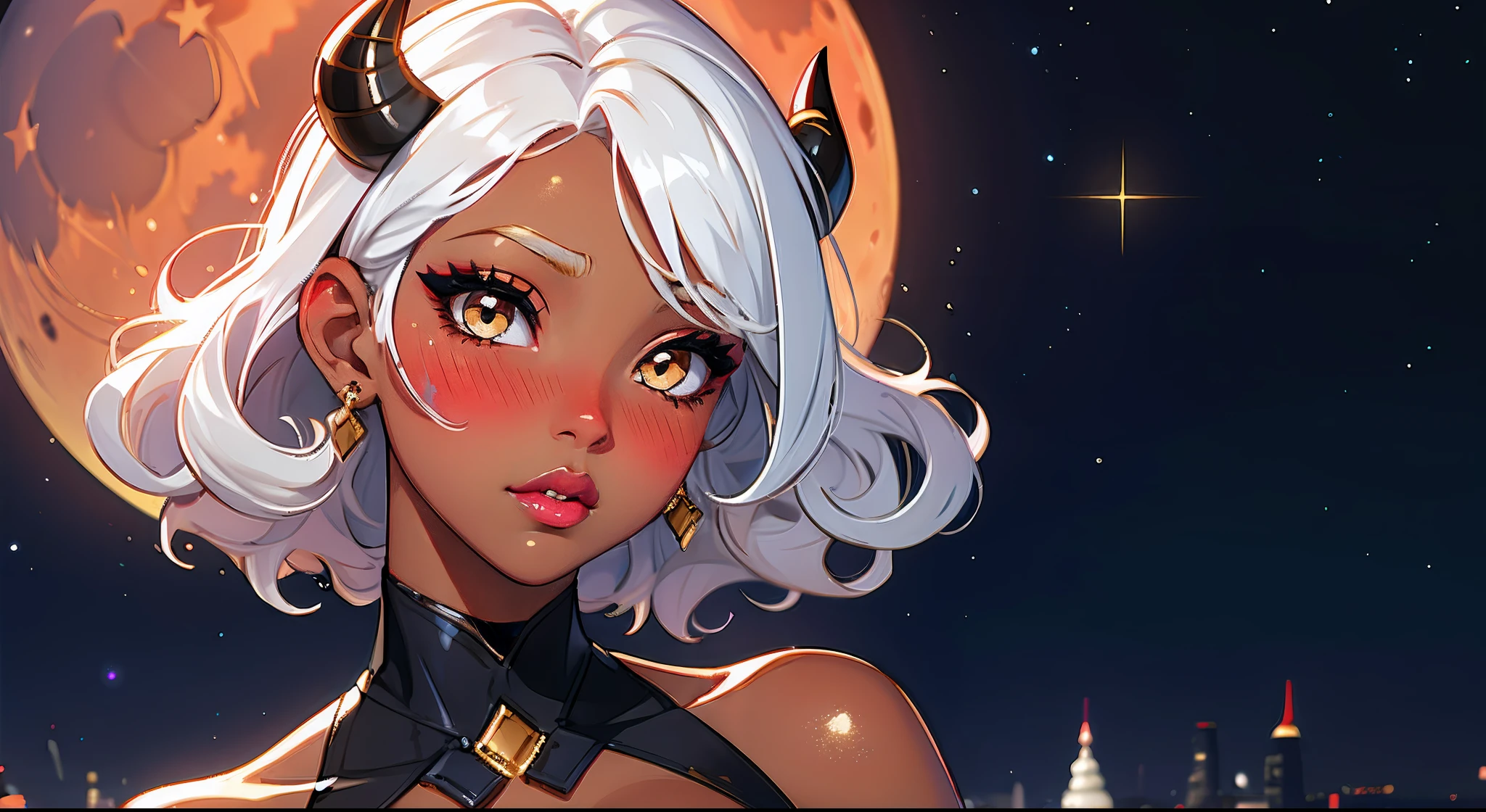 ((dark skin))++, (gold eyes), (blush:1.2), (big lips)+, (juicy lips)+, (blush), vibrant colors, eyeliner, lipgloss, blush, shiny skin,