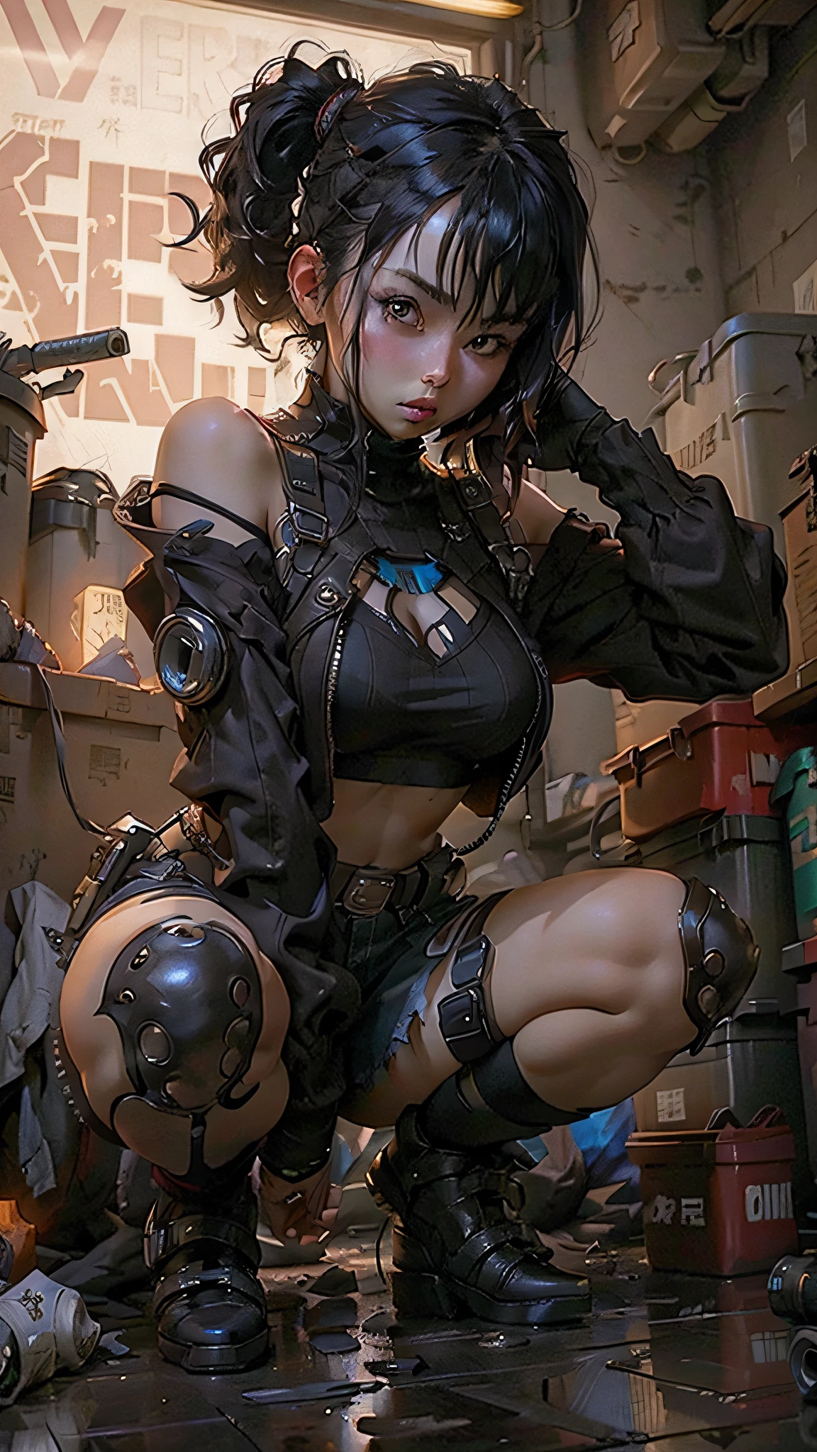 Extremely cute human  girl face，fully body photo，Human torso，Raised sexy，The kinky is exposed，human abdomen，Human buttocks，machine arm，mechanical leg，The arms and legs have a hard flesh-colored shiny shell and black joints，Very pretty and feminine，Very short stature，Petite，small，small，a plump buttocks，medium chest circumference，Pubic Area Showing，Flat-bellied display，Part of the helmet with an antenna is on the ear，black robot joints，very fashion，award-winning product design，Flesh-colored rubber leggings，Shiny flesh-colored metal breastplates open on the chest and abdomen，Flesh-colored metal buttocks，There are folds，Armor has fashion、glowing trims，Mouth open，Spread your legs，The body is stained with white mucus，White liquid comes out of the mouth，Panties are soaked，Surrounded by toys，A disorganized battlefield，littered with garbage，Tattered，Low angle viewing angle，