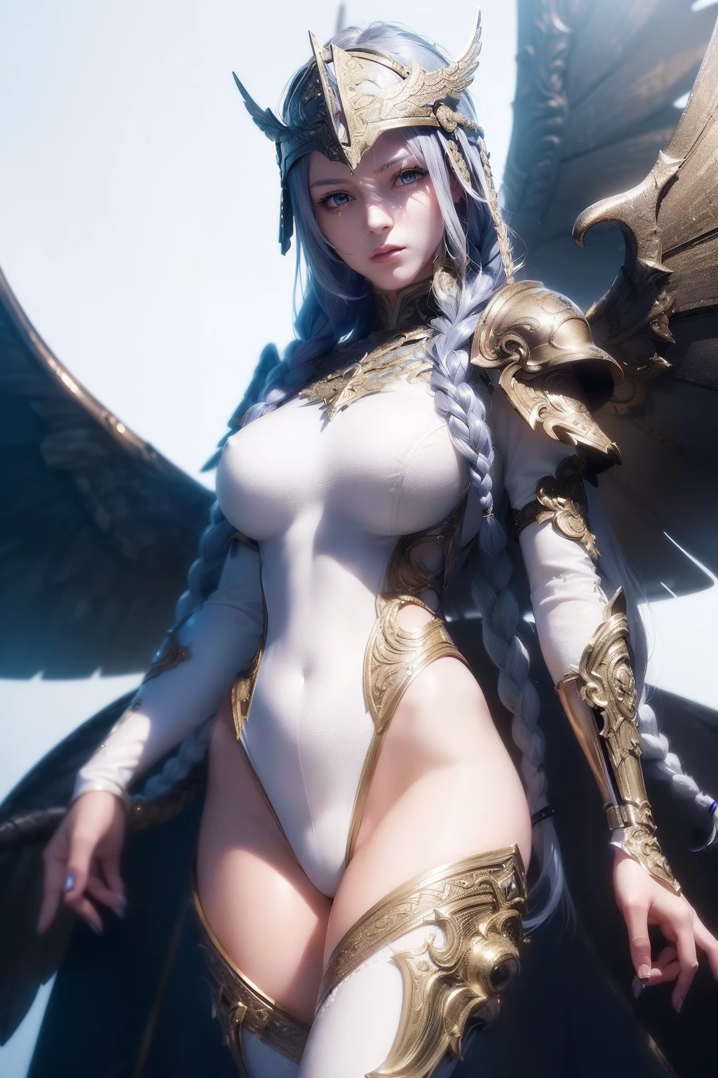 (((Valkyriacore aesthetic))) bust to waist ((half body)) ((beauty slim shape)) perfect skin, hyperrealistic masterpiece, (((in extremely complex & superdetailed white plugsuit sci-fi armor-dress))), cinematic illumination: 8k, symmetrical eyes, realistic, sharp focus, HD, highly detailed, intricate, photography, hyperrealism, hyperrealistic, film, studio portrait, detailed, dramatic lighting, maximum definition and sharpness, (((highly detailed external lighting))), (((holding an extremely complex & superdetailed, hyperrealistic masterpiece sword))), (((long hair braids, Valkyria helmet and long black wings)))