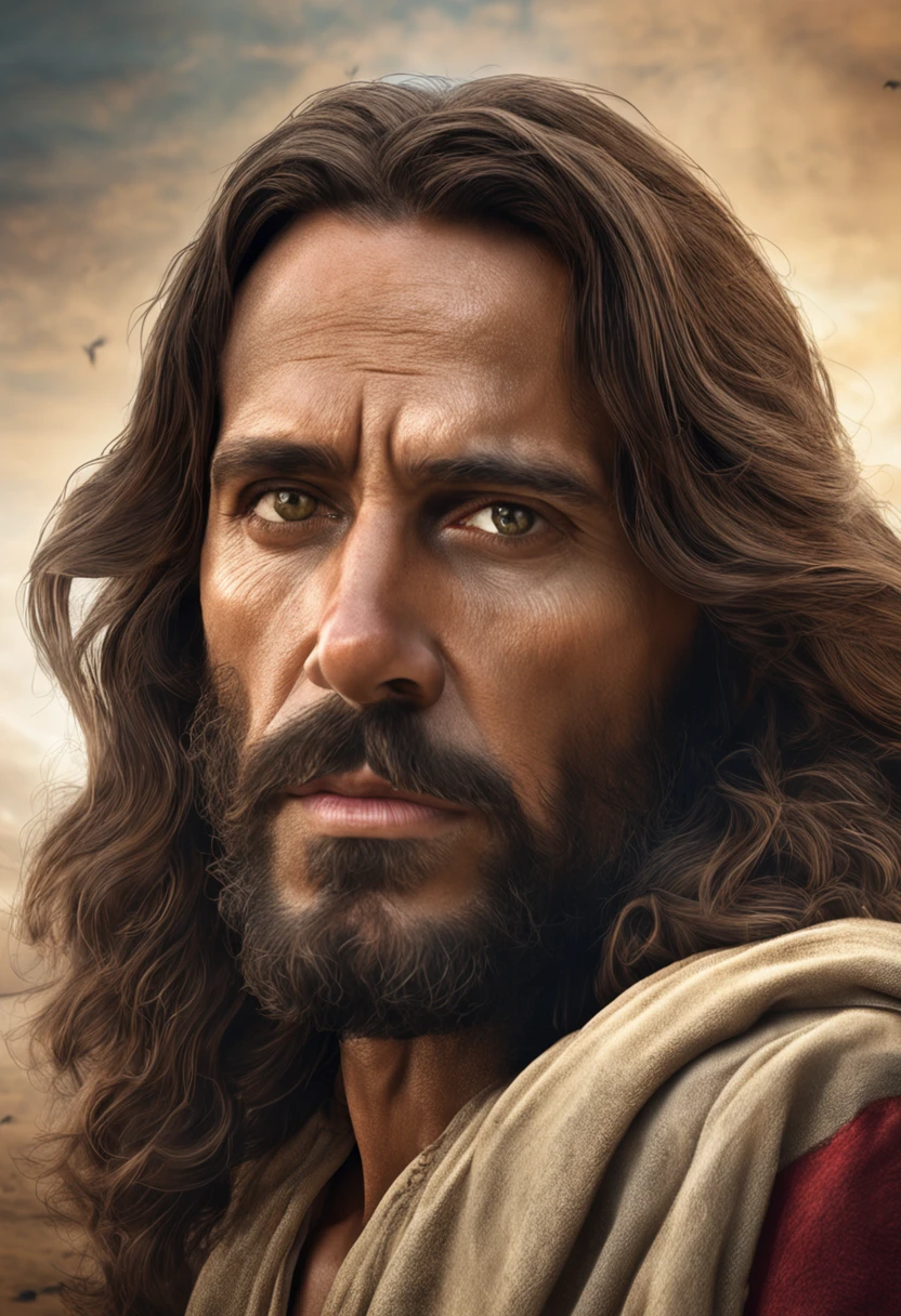 um close up de um homem de cabelos compridos e barba, Jesus Cristo, Retrato de Jesus Cristo, Arte digital realista 8k, jesus of nazareth, pintura digital ultra realista, rosto de Jesus, Arte digital altamente realista, pintura digital hiper realista, arte digital ultra realista, arte digital muito realista, Jesus, Arte digital ultrarrealista