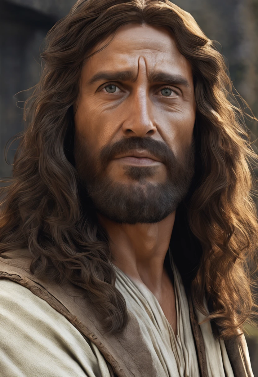 um close up de um homem de cabelos compridos e barba, Jesus Cristo, Retrato de Jesus Cristo, Arte digital realista 8k, jesus of nazareth, pintura digital ultra realista, rosto de Jesus, Arte digital altamente realista, pintura digital hiper realista, arte digital ultra realista, arte digital muito realista, Jesus, Arte digital ultrarrealista