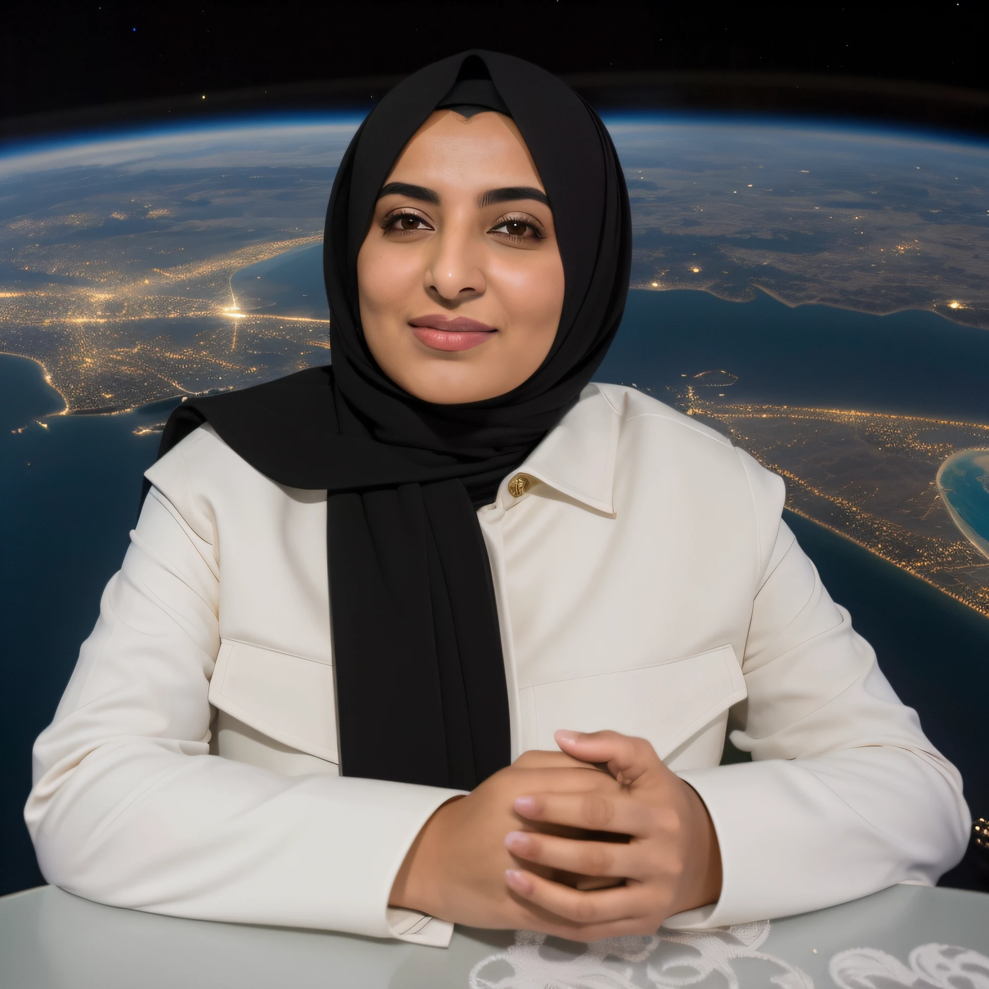 woman in hijab sitting at a table with a cell phone, with earth in the background, powerful woman sitting in space, arab ameera al-taweel, ameera al-taweel, arab ameera al taweel, photo of a woman, faridah malik, full subject shown in photo, ameera al taweel