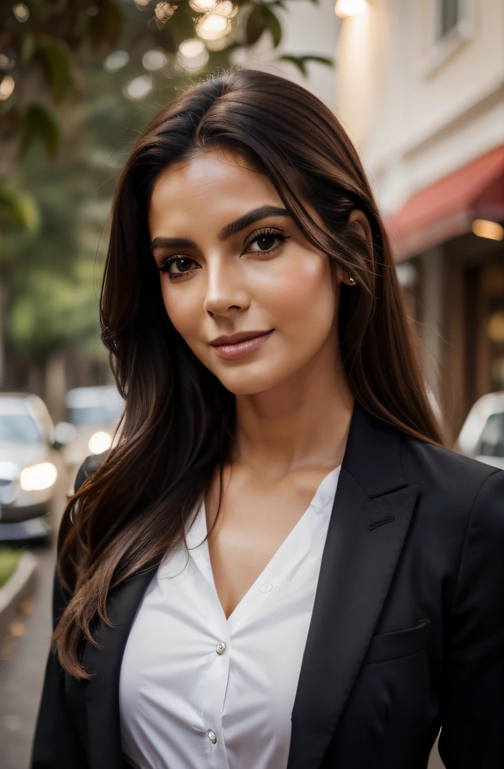 1 mulher adulta, cabelo comprido, cabelo cacheado, cabelo cor preto, pele suave, olhos castanhos, sorrir, vegetation, Occasional, Businesswoman style clothes, blaser vermelho, realista, com fundo em um restaurante chique, 8k super realista, super detalhado e realista