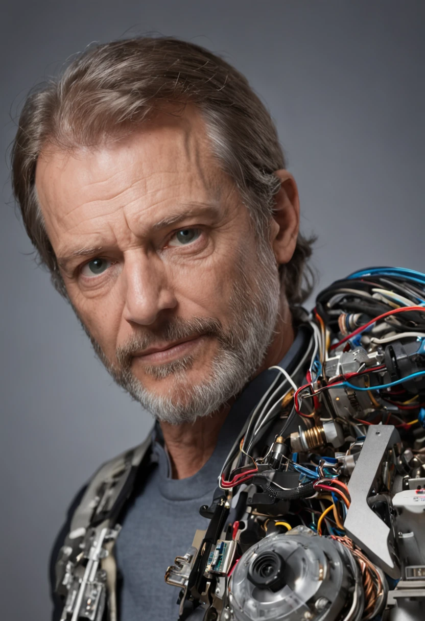 (((um homem))), master part, extremamente detalhado, melhor qualidade, With biomechanical suits, (metal skin with electronic circuits: 1.2), extremamente detalhado, intricate with lights and luminous electronic circuits, (como Dr. Gregory House:1.4). (8k, qualidade superior, melhor qualidade, obra-prima, altamente detalhado: 1.2), (de meio corpo:1.3)