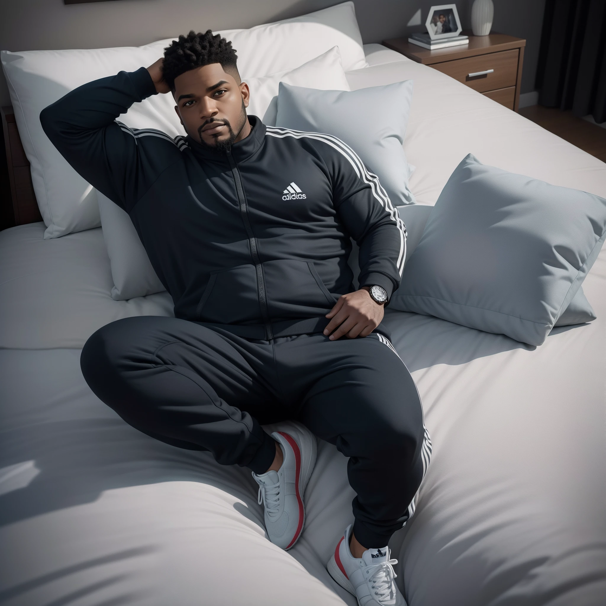 Homem gordo e negro deitado em uma cama dormindo, Foto de um ensaio promocional, thicc, foto promocional, foto promocional, imagem promocional, Homem em Tracksuit Adidas, Foto promocional, Ensaio Promocional, teddy fresh, Foto promocional, Imagem promocional, Rob Ross, arte oficial, promo ainda, Retrato no meio da foto, inspirado em Michael James Smith