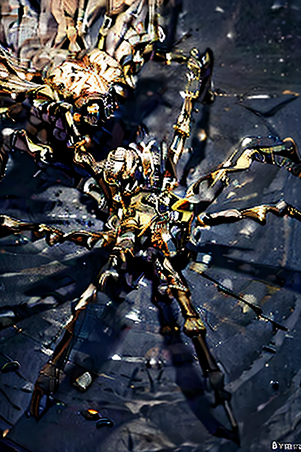Visualize uma aranha gigantesca, composta por ossos brancos e sinistros. Its skeletal body is formed by an intricate web of intertwined bones, with their legs long and sharp as blades. A aranha se arrasta silenciosamente pelas sombras, deixando um rastro de ossos em seu caminho, while weaving deadly webs made of bony threads.
