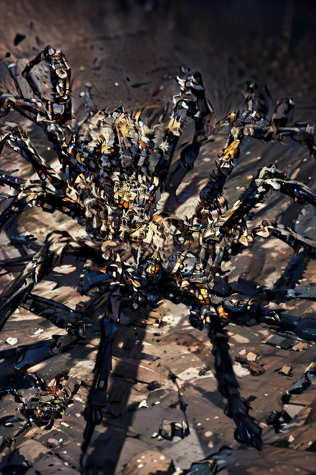 Visualize uma aranha gigantesca, composta por ossos brancos e sinistros. Its skeletal body is formed by an intricate web of intertwined bones, with their legs long and sharp as blades. A aranha se arrasta silenciosamente pelas sombras, deixando um rastro de ossos em seu caminho, while weaving deadly webs made of bony threads.