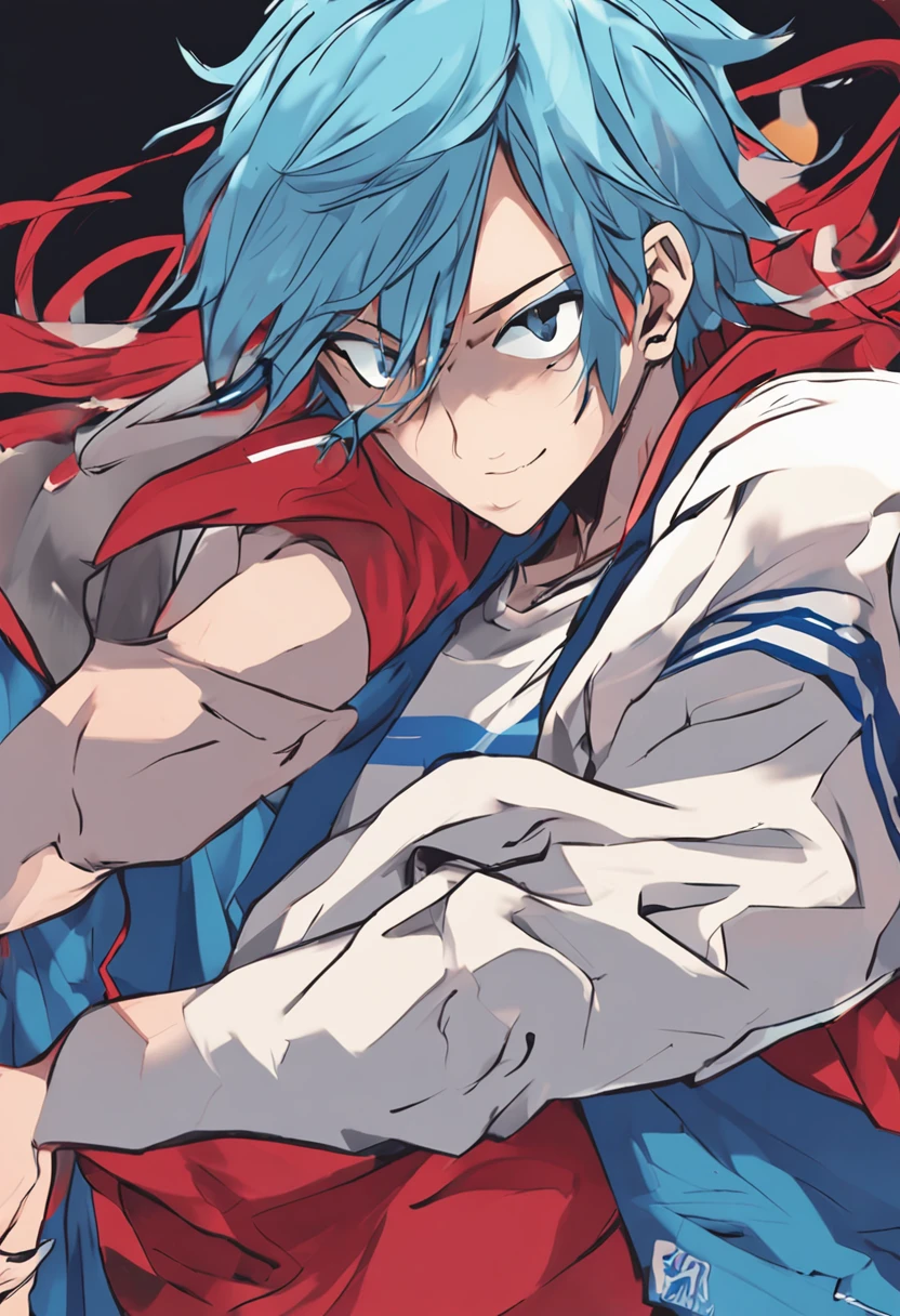 Menino de anime com um cabelo azul e uma camiseta vermelha nomes FLEO