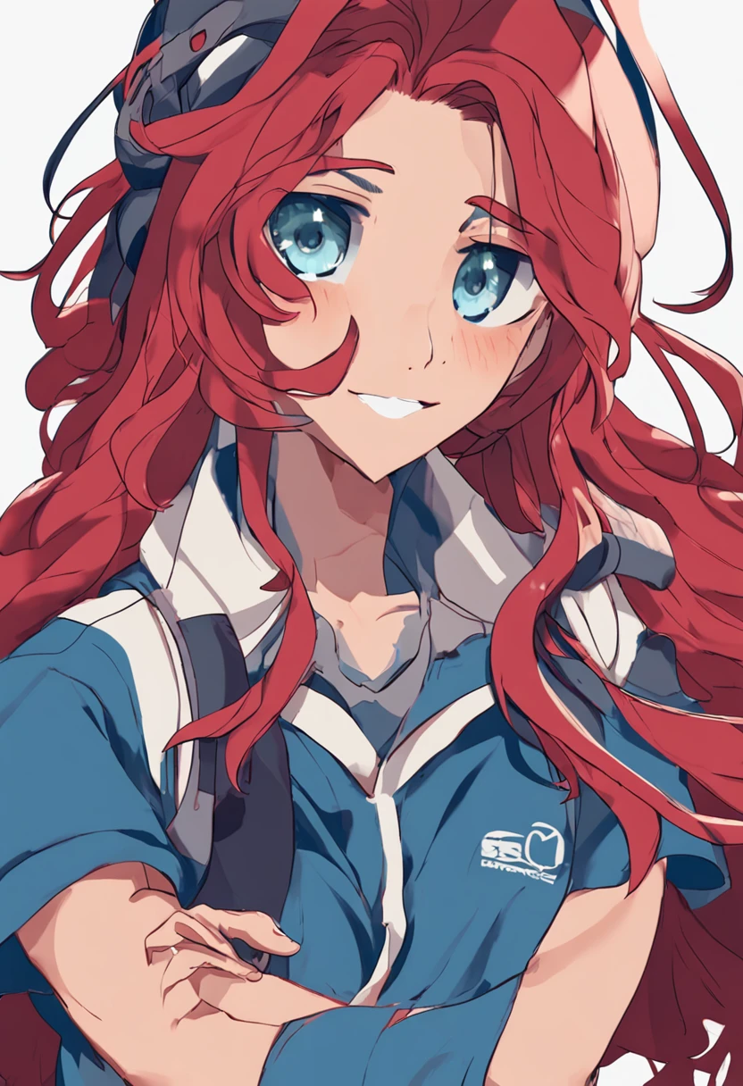 Menino de anime com um cabelo azul e uma camiseta vermelha nomes FLEO