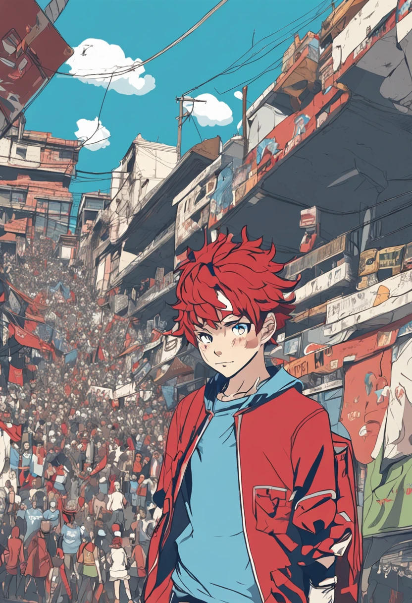 Menino de anime com um cabelo azul e uma camiseta vermelha nomes FLEO