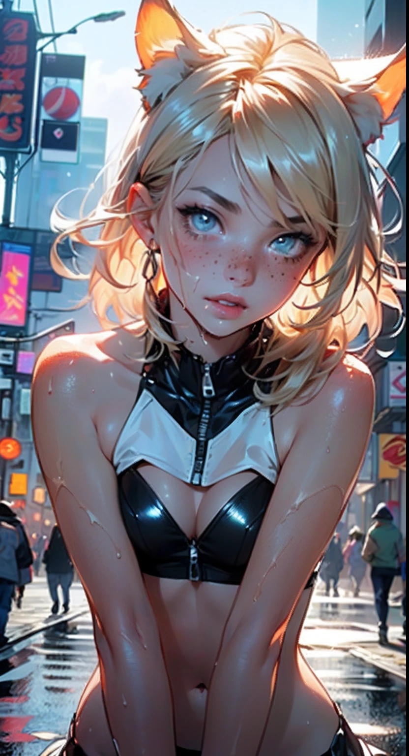 cute little cat loli,(((little loli,small tiny body,petite))),(((6 years old))),((little cat loli with extremely cute and beautiful blonde hair)),(((cat girl,anthro furry cute,cat-girl))),(((cat ears,cat ears on head,big cat ears))),
(((flat chest))),(((blonde hair:1.35,messy blonde hair,colored inner hair,ear breathing,))),((heterochromia:1.5,eye1 yellow,eye2 orange,perfect eyes,upturned eyes:1.3,beautiful detailed eyes,finely detailed beautiful eyes:1,big highlight on eyes:1.2,slanted eyes)),(((freckles on the face,freckles,freckled girl))),(((lustrous skin:1.5,bright skin: 1.5,skin tanned,shiny skin,very shiny skin,shiny body,plastic glitter skin,exaggerated shiny skin,illuminated skin,wet legs))),(delicate detailed fingers,detailed body,detailed arms,human hands,(detailed face)),
cute,slutty,,erotic,(((nsfw))),
zettai ryouiki,revealing clothing,show skin,((rave shirt,neon shirt,rave mini-skirt,visible thong straps)),(wearing a rave outfit:1.3,rave clothes,semi-naked,with little clothing),((wet clothes,detailed outfit,detailed clothes)),
(dynamic pose:1.0),solo focus,embarrassed,(centered,scale to fit dimensions,Rule of thirds),
cyberpunk city by the ocean at night, with bright neon signs and dark stormy clouds and puddles,
High resolution, sharp focus, (ultra detailed, extremely detailed), (photorealistic artwork:1.37), 8k wallpaper,((synthwave background theme)),((vibrant colors)),(intricate),masterpiece,(best quality),
